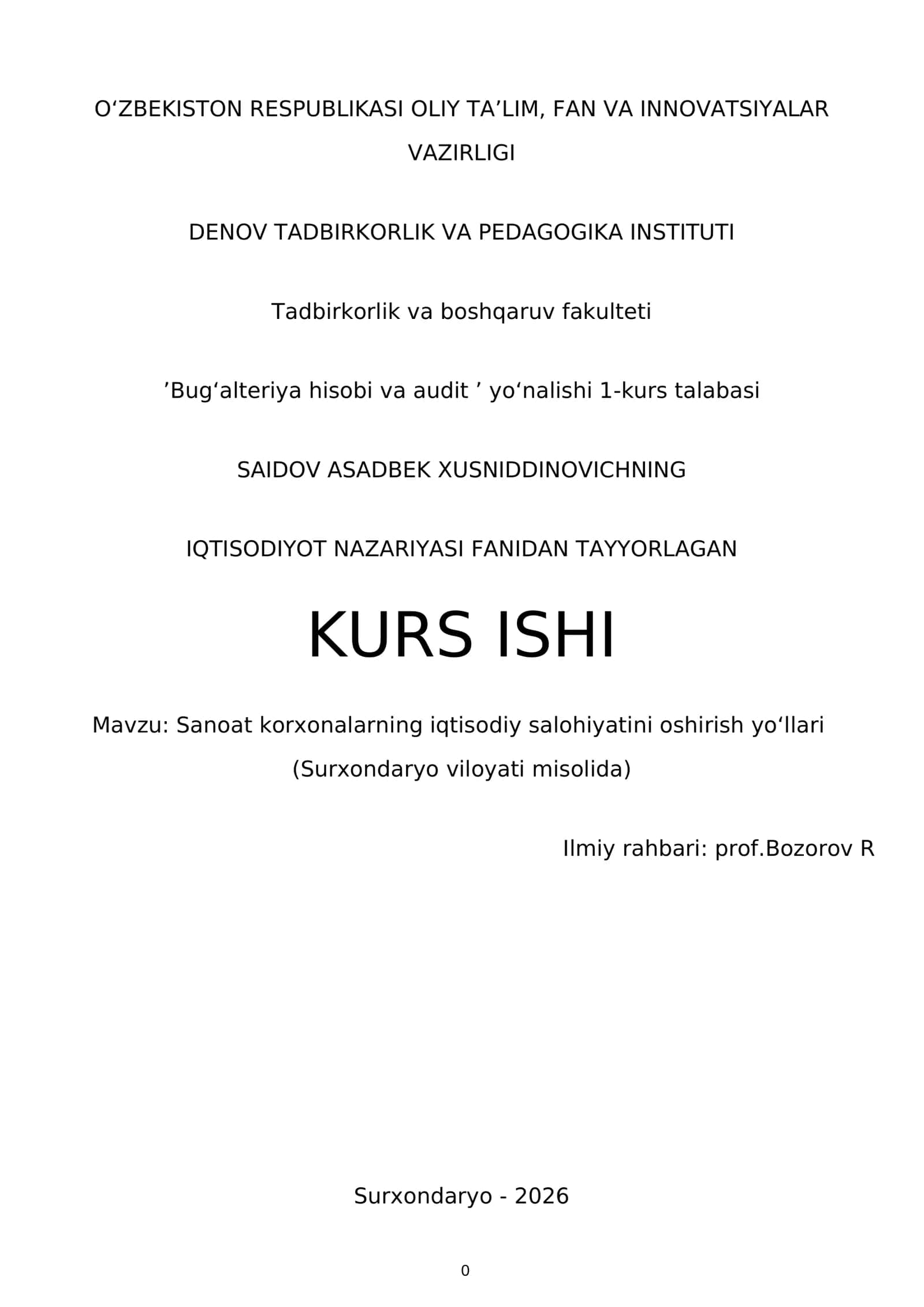 KURS ISHI: Sanoat korxonalarning iqtisodiy salohiyatini oshirish yoʻllari (Surxondaryo viloyati misolida)
