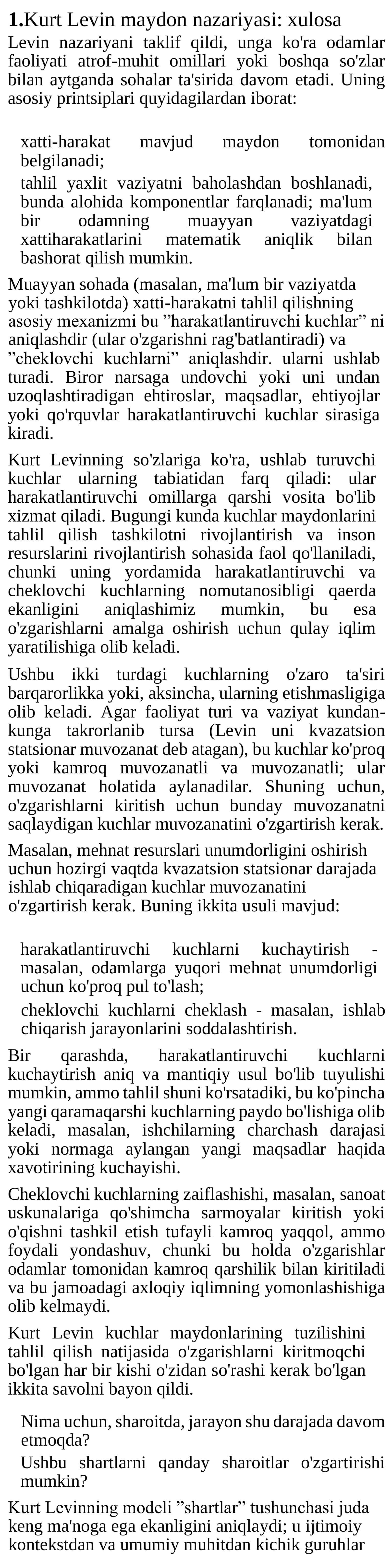 Kurt Levin maydon nazariyasi: xulosa