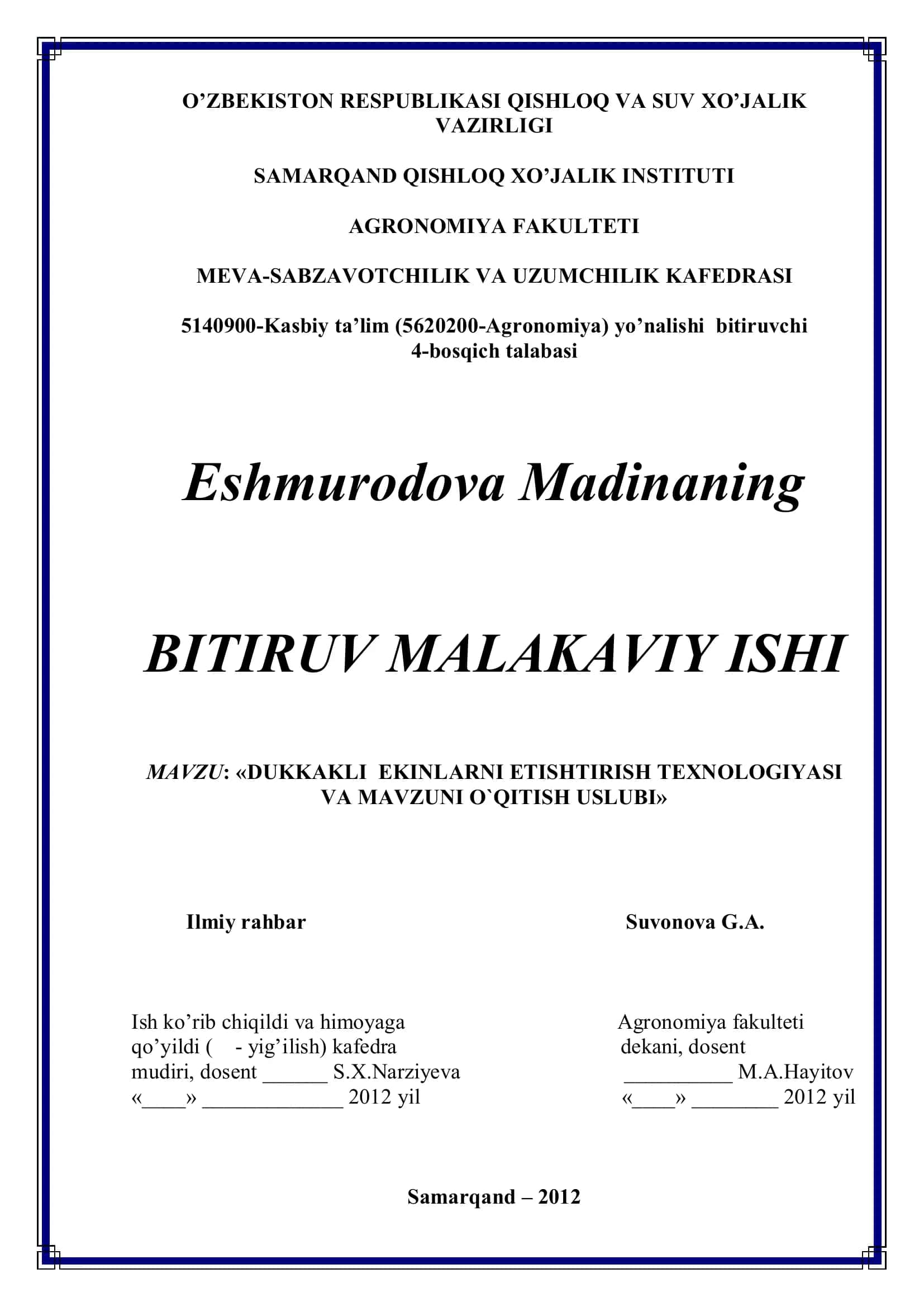 DUQQAKLI EKINLARNI ETISHTIRISH TEXNOLOGIYASI VA MAVZUNI O`QITISH USLUBI