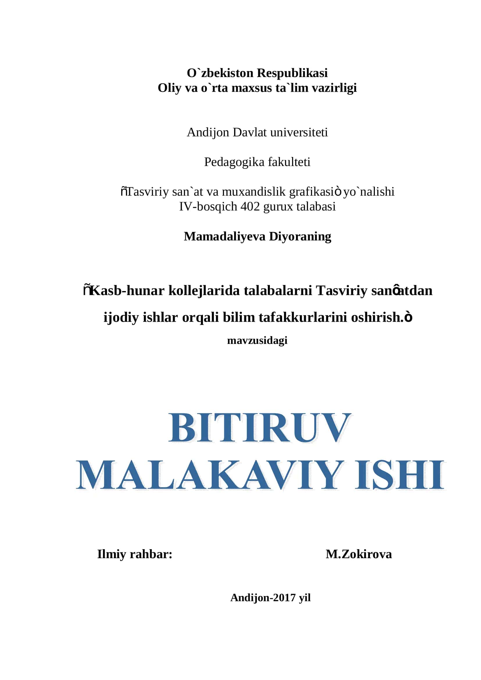 Kasb-hunar kollejlarida talabalarni Tasviriy san’atdan ijodiy ishlar orqali bilim tafakkurlarini oshirish