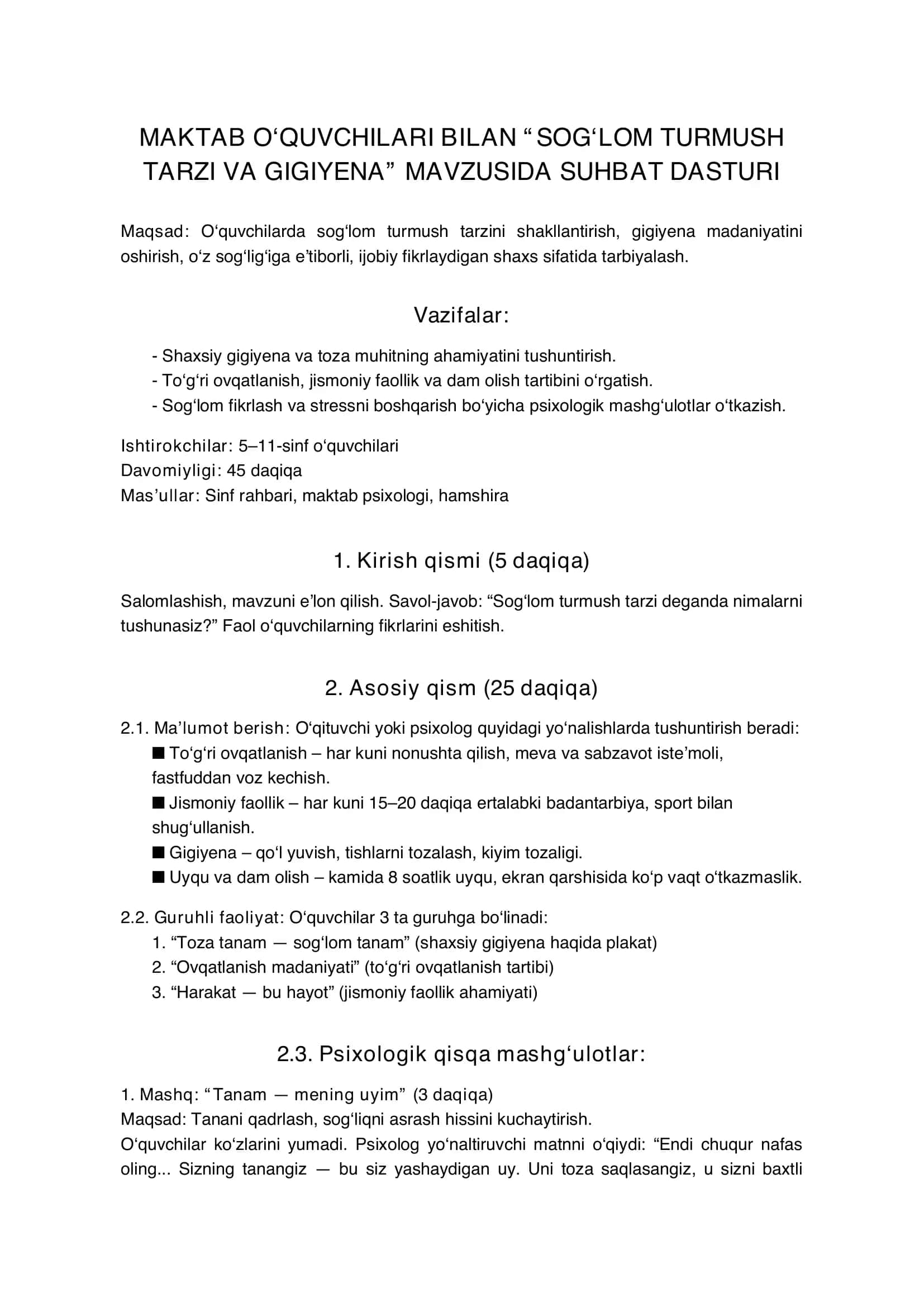 SOG‘LOM TURMUSH TARZI VA GIGIYENA