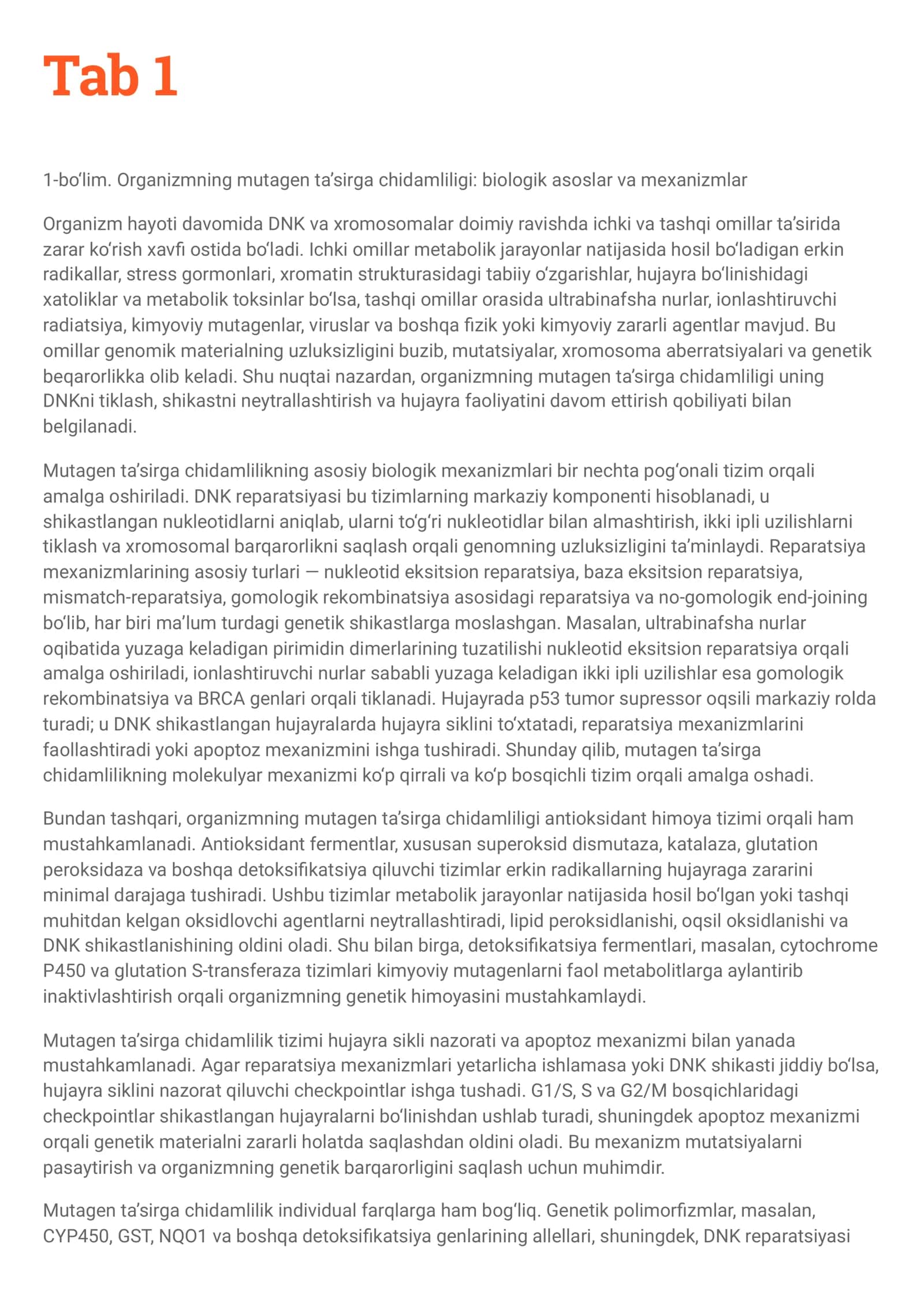 Organizmning mutagen ta’sirga chidamliligi: biologik asoslar va mexanizmlar