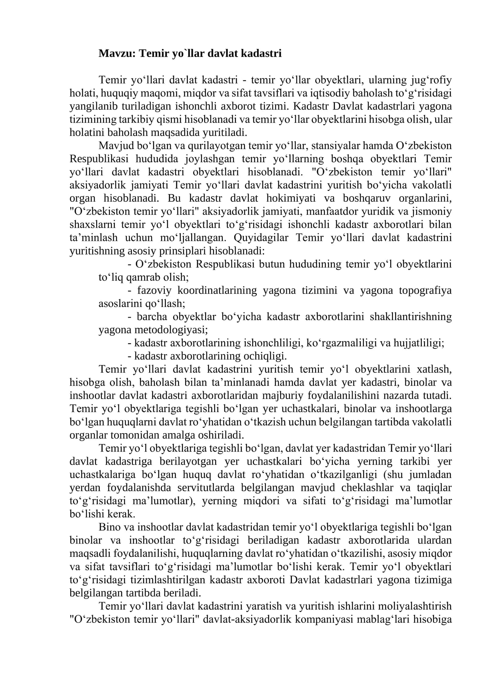 Temir yo`llar davlat kadastri
