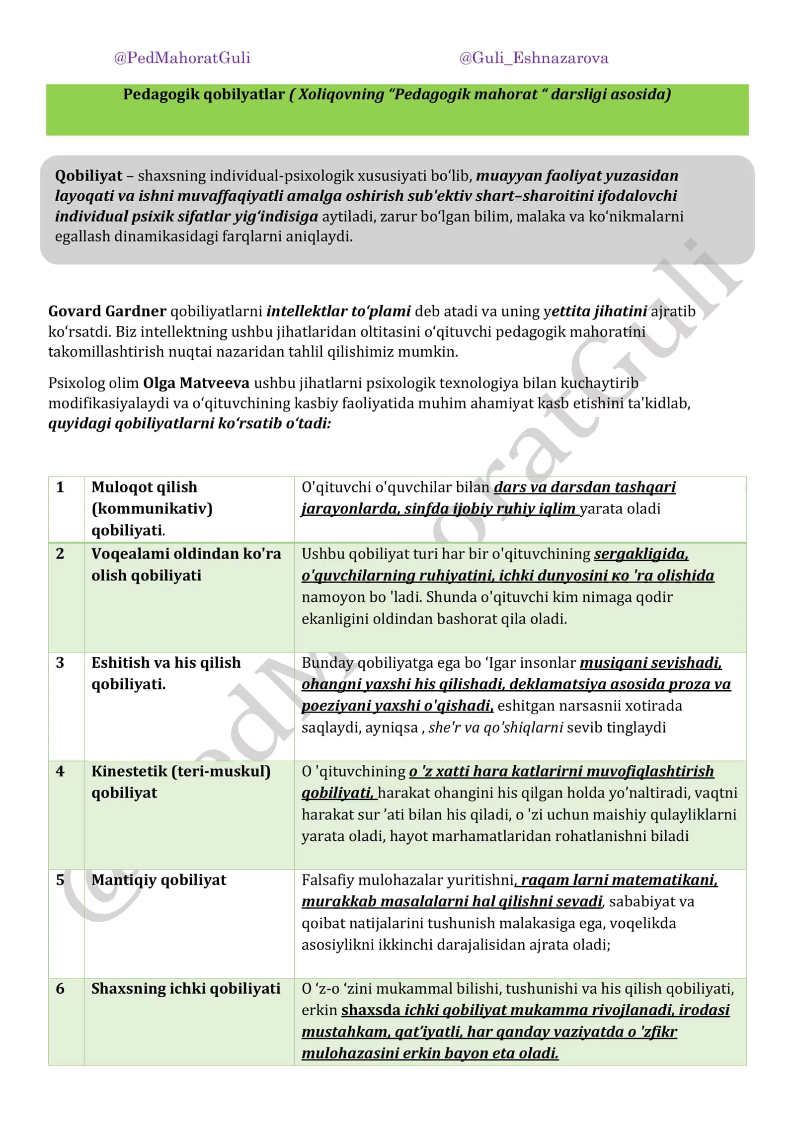 Pedagogik qobilyatlar (Xoliqovning "Pedagogik mahorat" darsligi asosida)