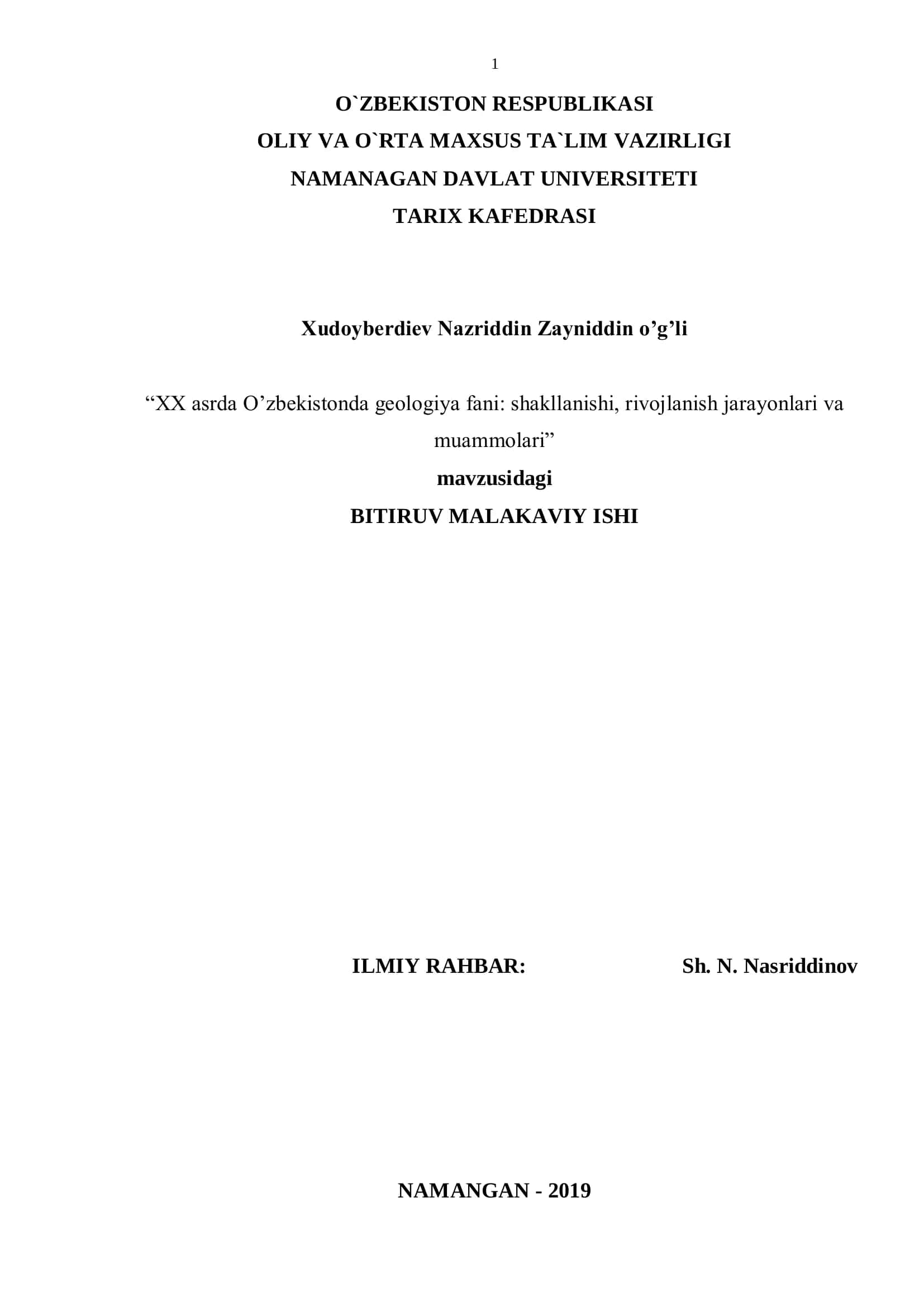 XX asrda O‟zbekistonda geologiya fani: shakllanishi, rivojlanish jarayonlari va muammolari