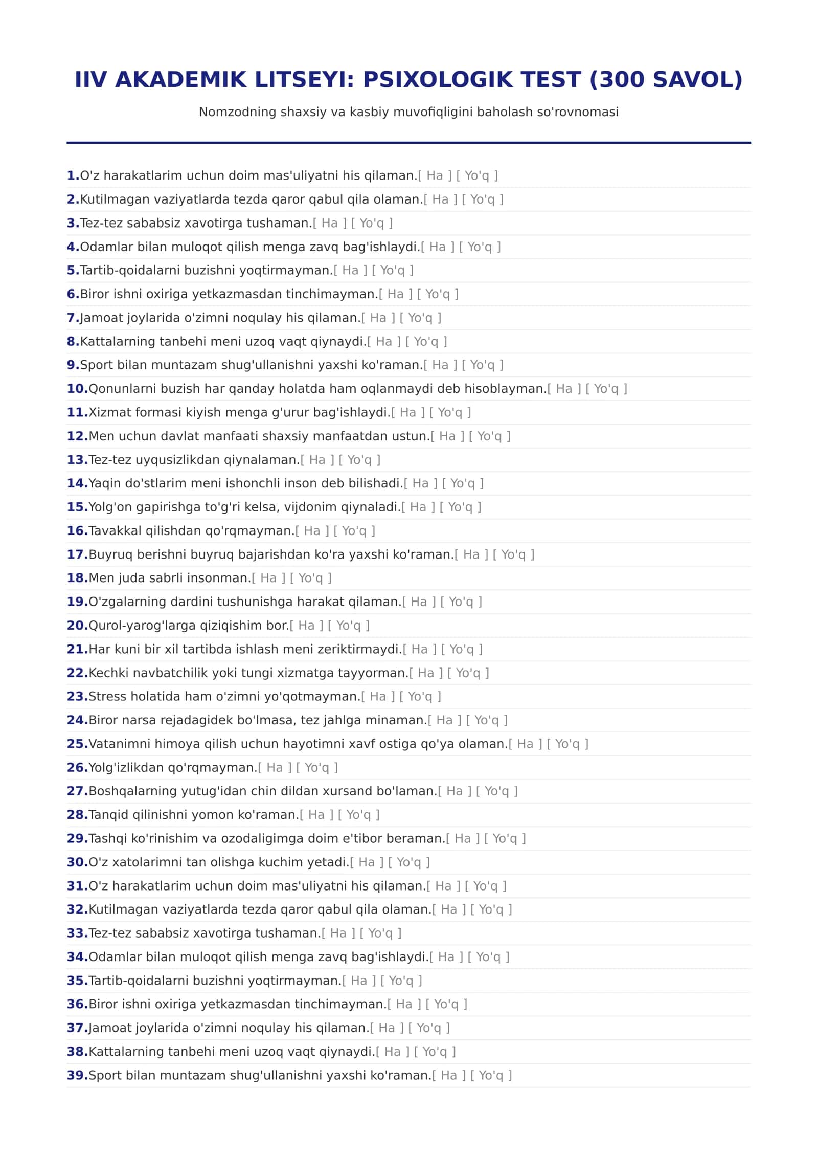 PSIXOLOGIK TEST (300 SAVOL)