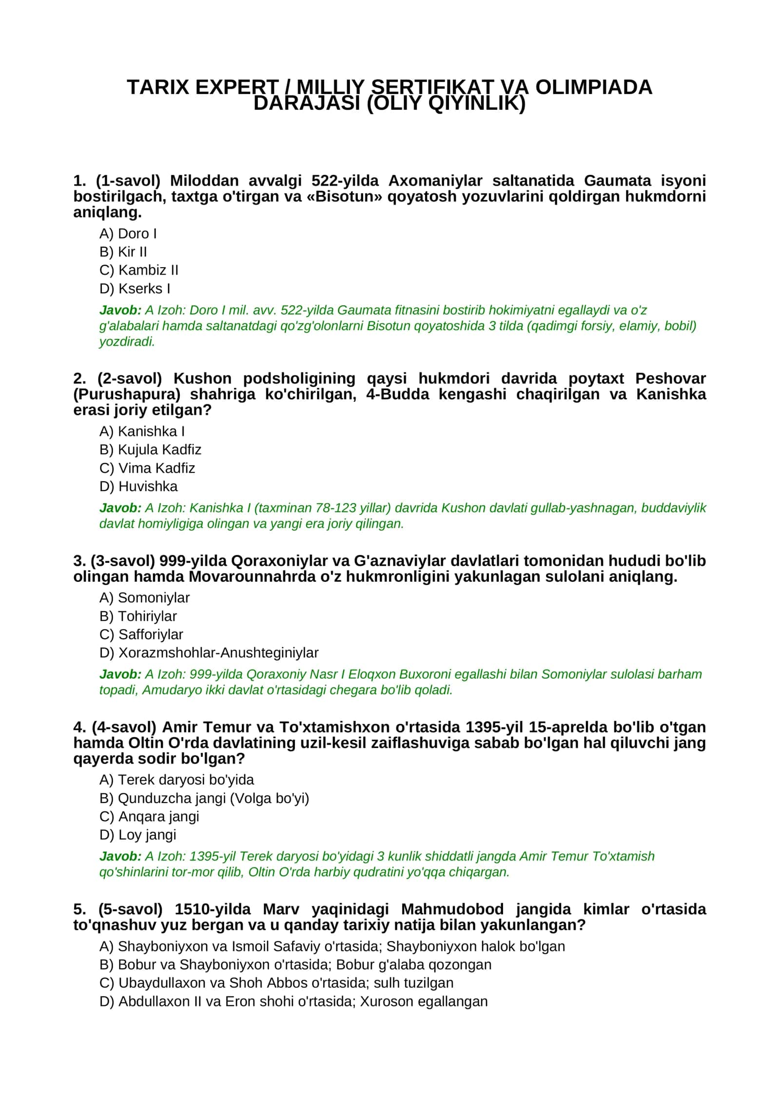 TARIX EXPERT / MILLIY SERTIFIKAT VA OLIMPIADA DARAJASI (OLIY QIYINLIK)