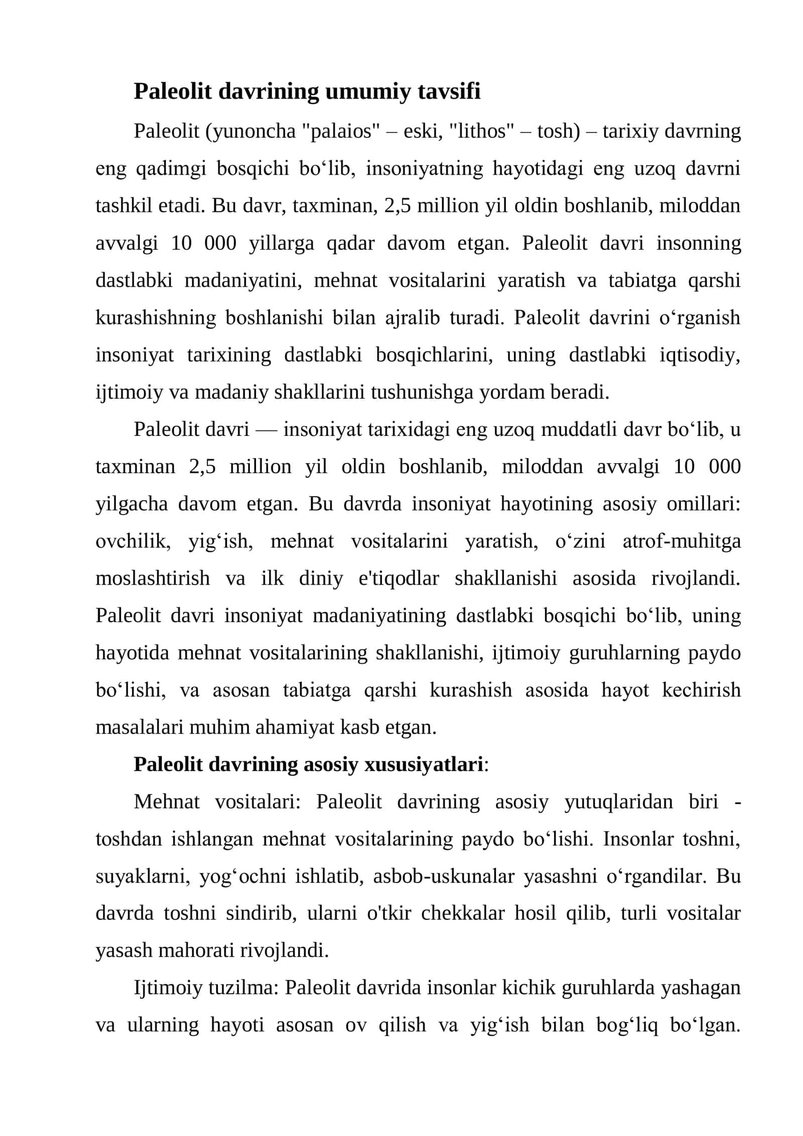 Paleolit davrining umumiy tavsifi
