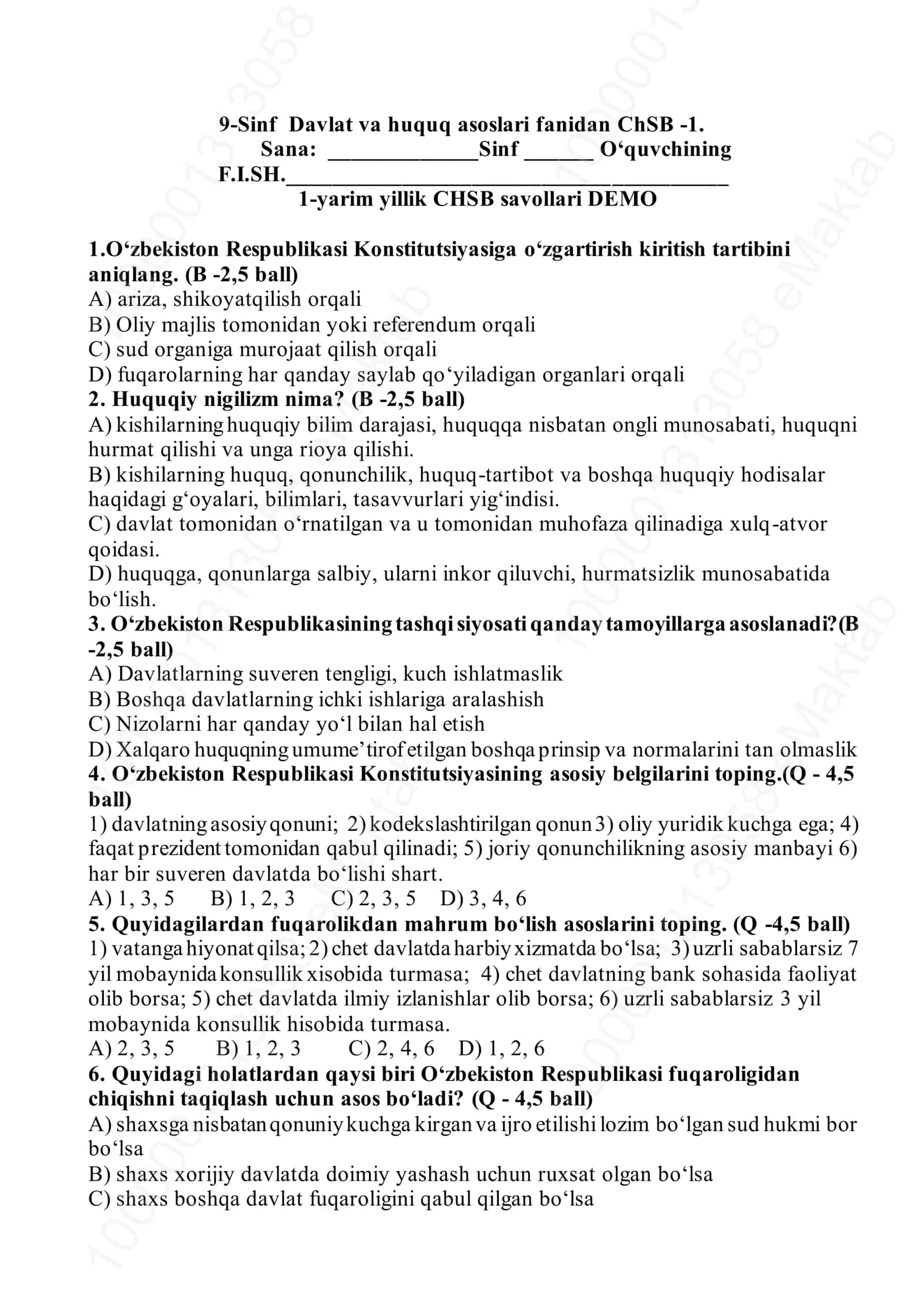 9-Sinf Davlat va huquq asoslari fanidan ChSB -1