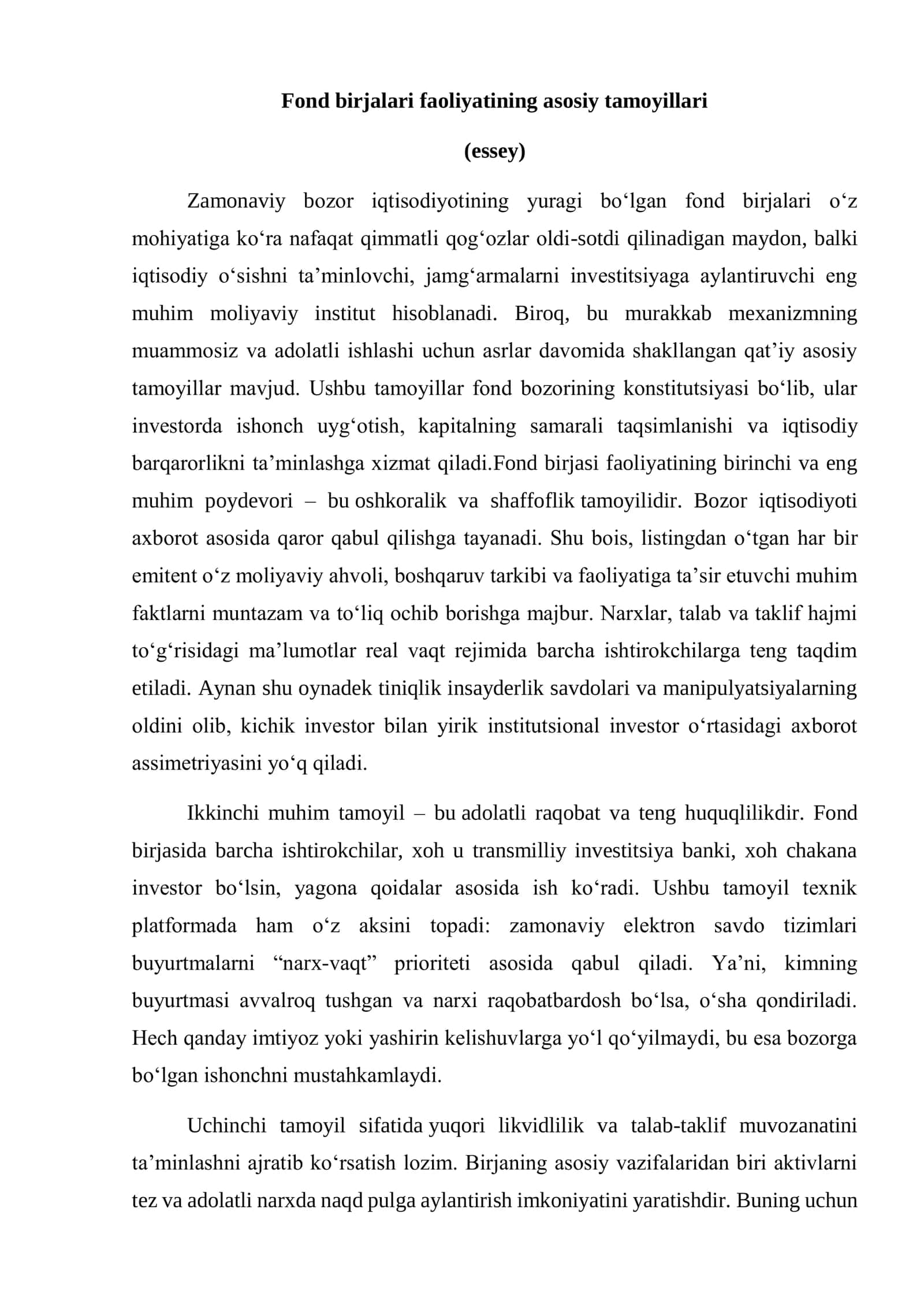 Fond birjalari faoliyatining asosiy tamoyillari (essey)