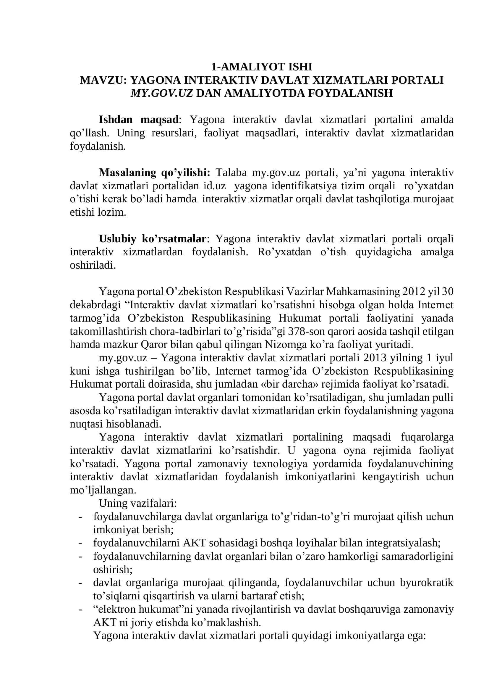 YAGONA INTERAKTIV DAVLAT XIZMATLARI PORTALI MY.GOV.UZ DAN AMALIYOTDA FOYDALANISH