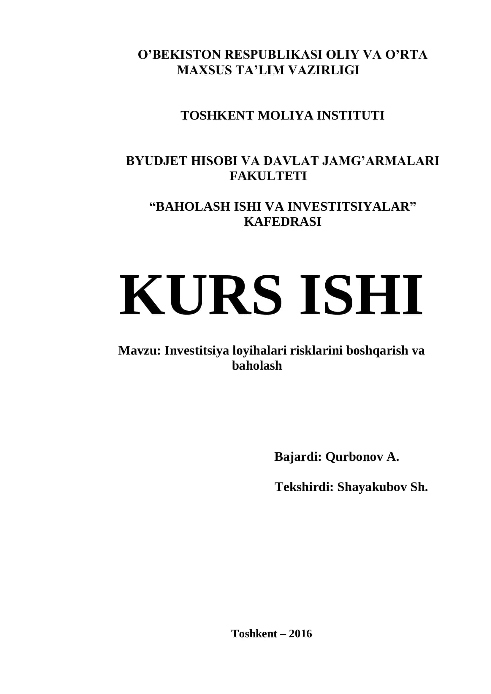 Investitsiya loyihalari risklarini boshqarish va baholash