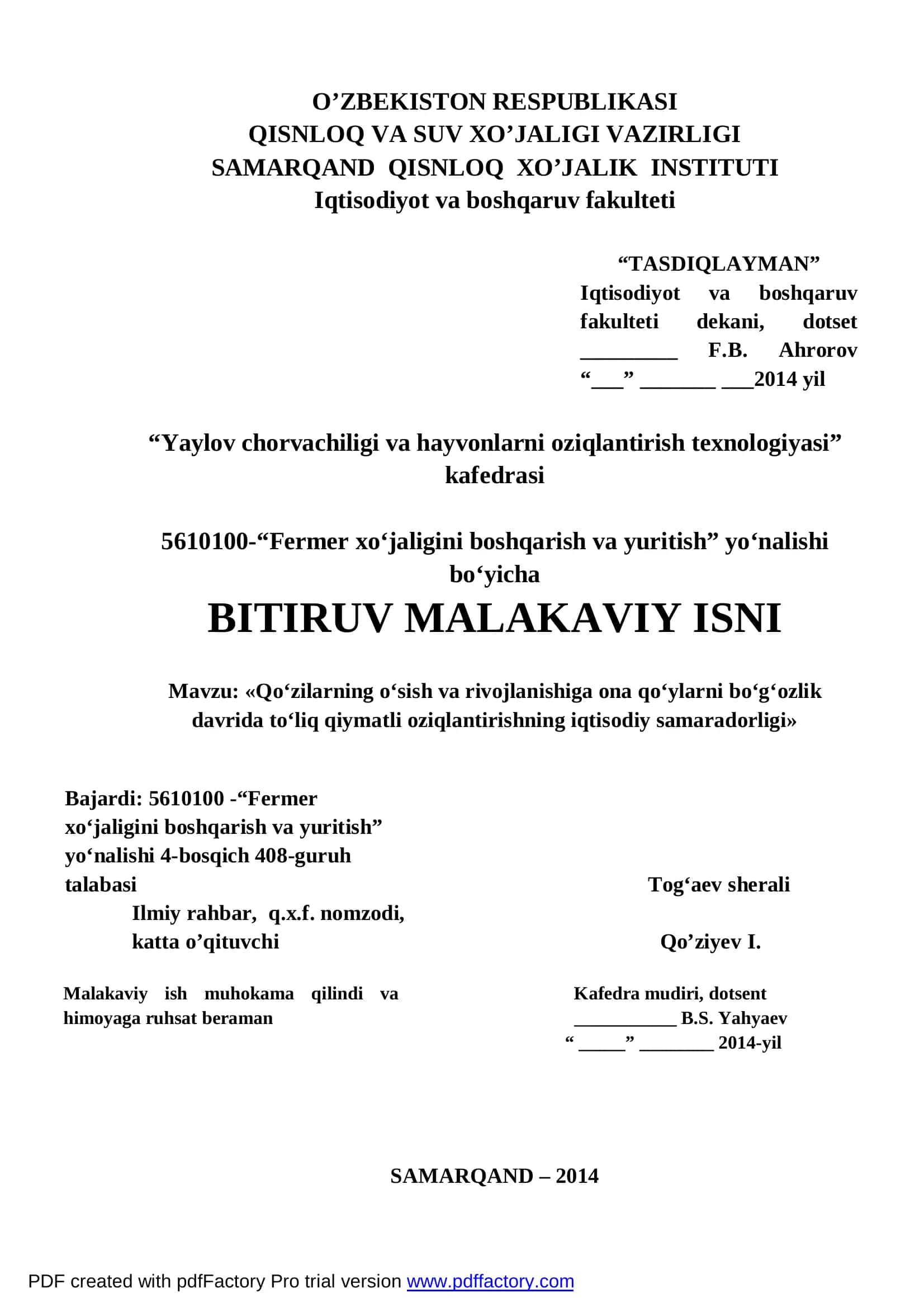 Yaylov chorvachiligi va hayvonlarni oziqlantirish texnologiyasi