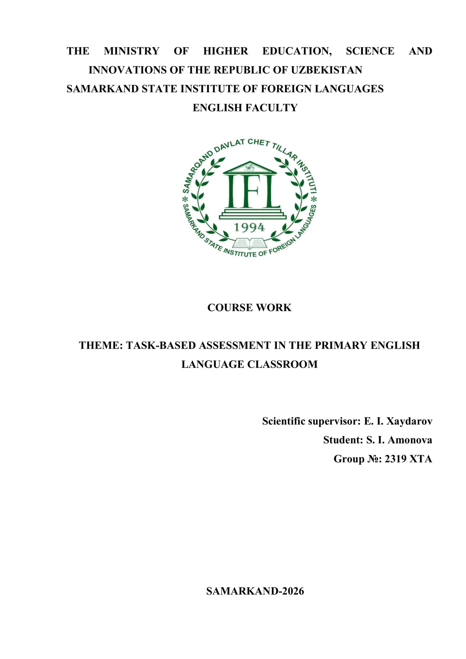 TASK-BASED ASSESSMENT IN PRIMARY ENGLISH LANGUAGE CLASSROOM