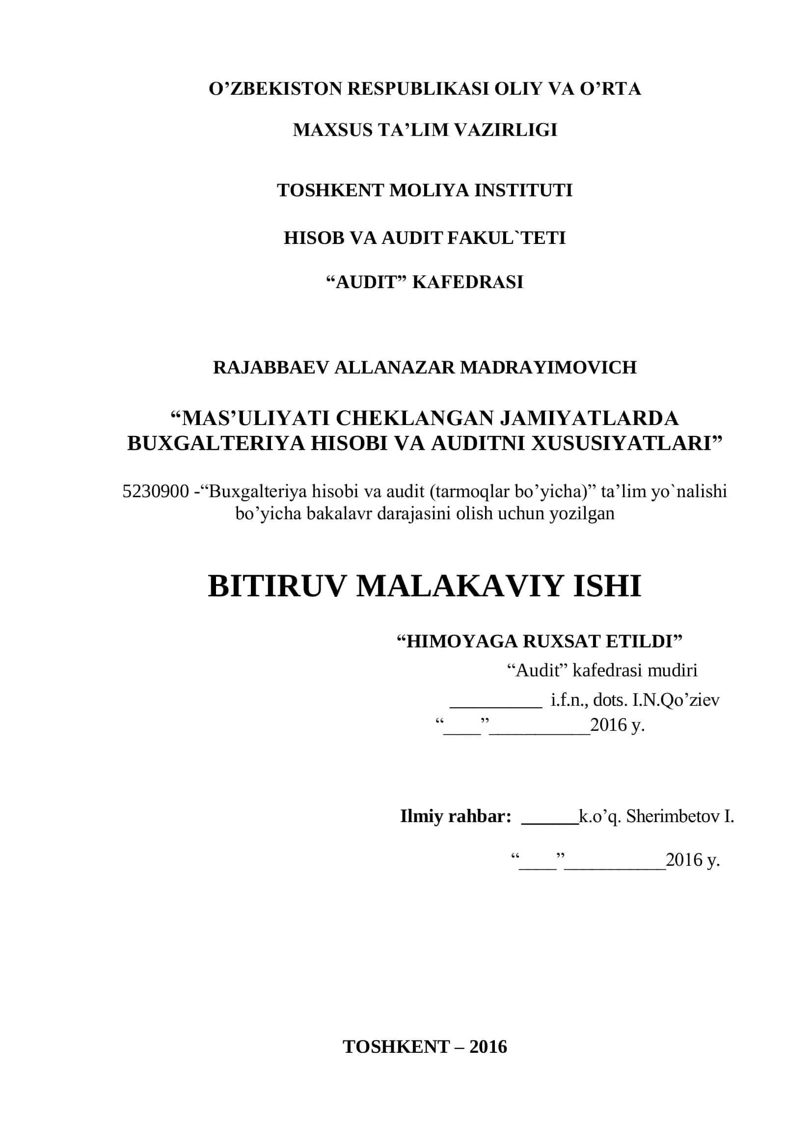 Buxgalteriya hisobi va audit (tarmoqlar bo’yicha) ta’lim yo`nalishi