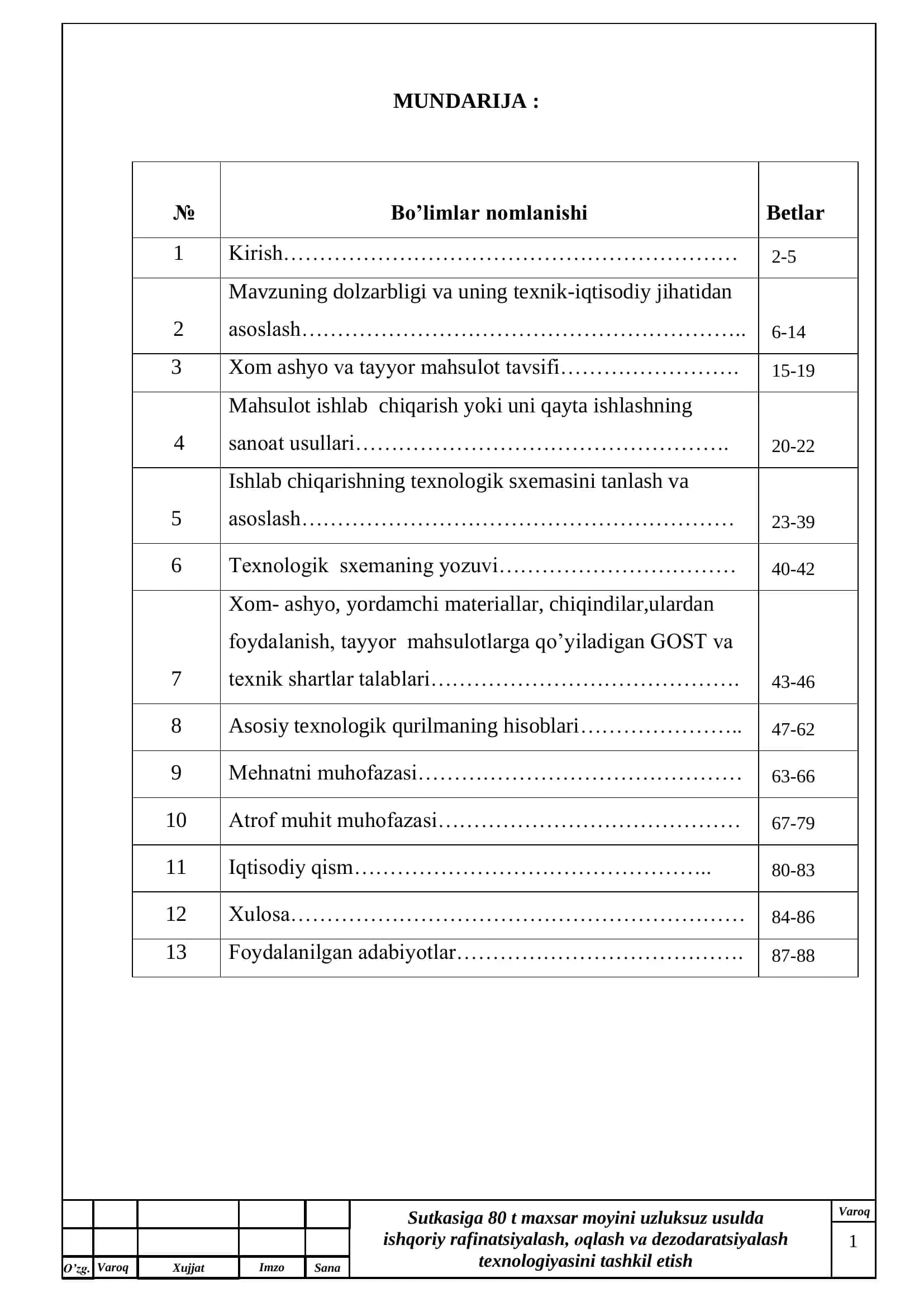 Sutkasiga 80 t maxsar moyini uzluksuz usulda ishqoriy rafinatsiyalash, оqlash vа dezodaratsiyalash texnologiyasini tashkil etish