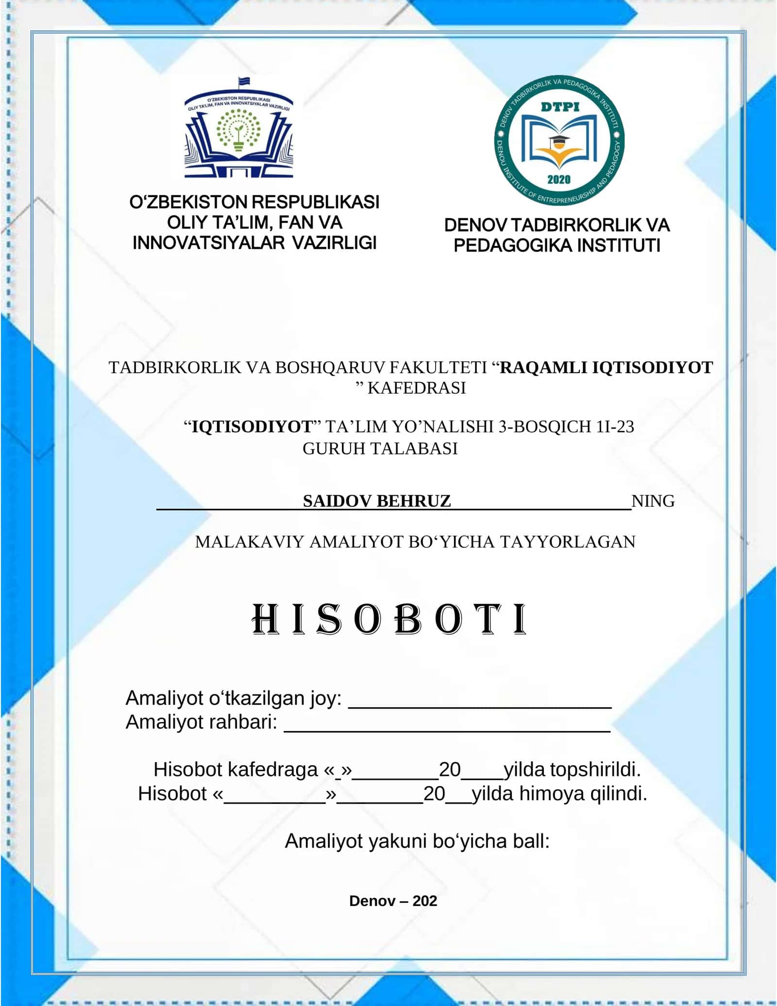 MADADI SINO DENOV MCHJ haqida umumiy ma’lumot hamada amalyot hisoboti