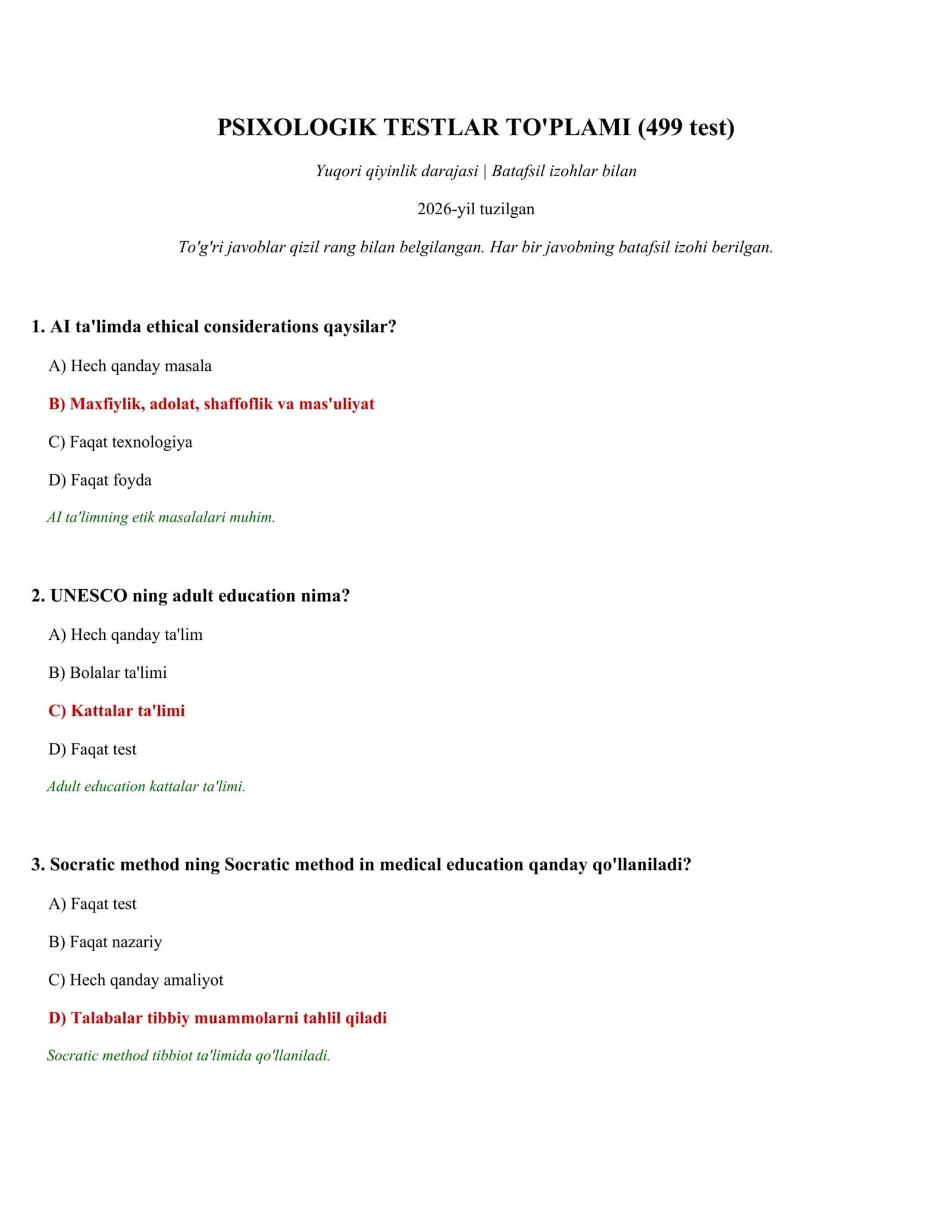 PSIXOLOGIK TESTLAR TO'PLAMI (499 test)