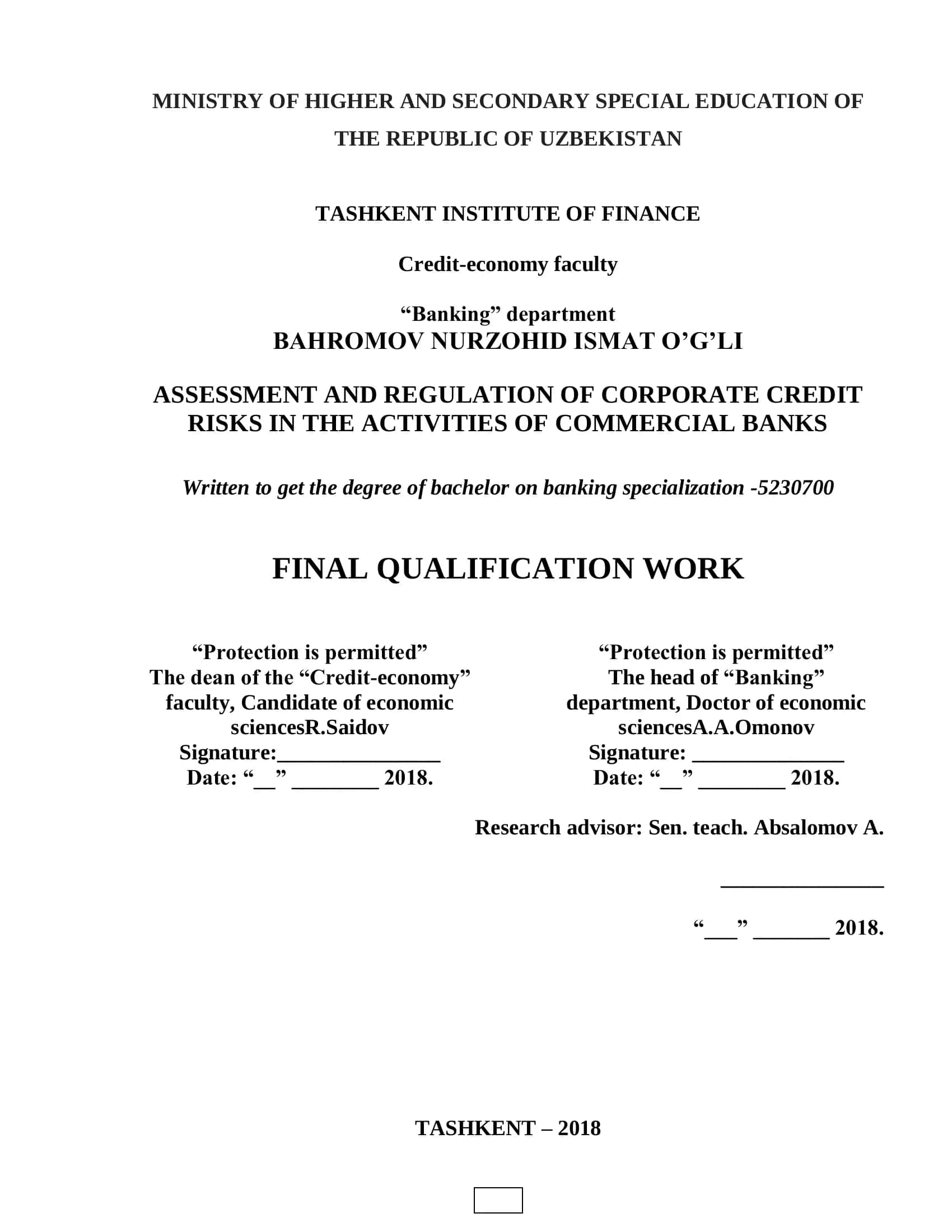 ASSESSMENT AND REGULATION OF CORPORATE CREDIT RISKS IN THE ACTIVITIES OF COMMERCIAL BANKS