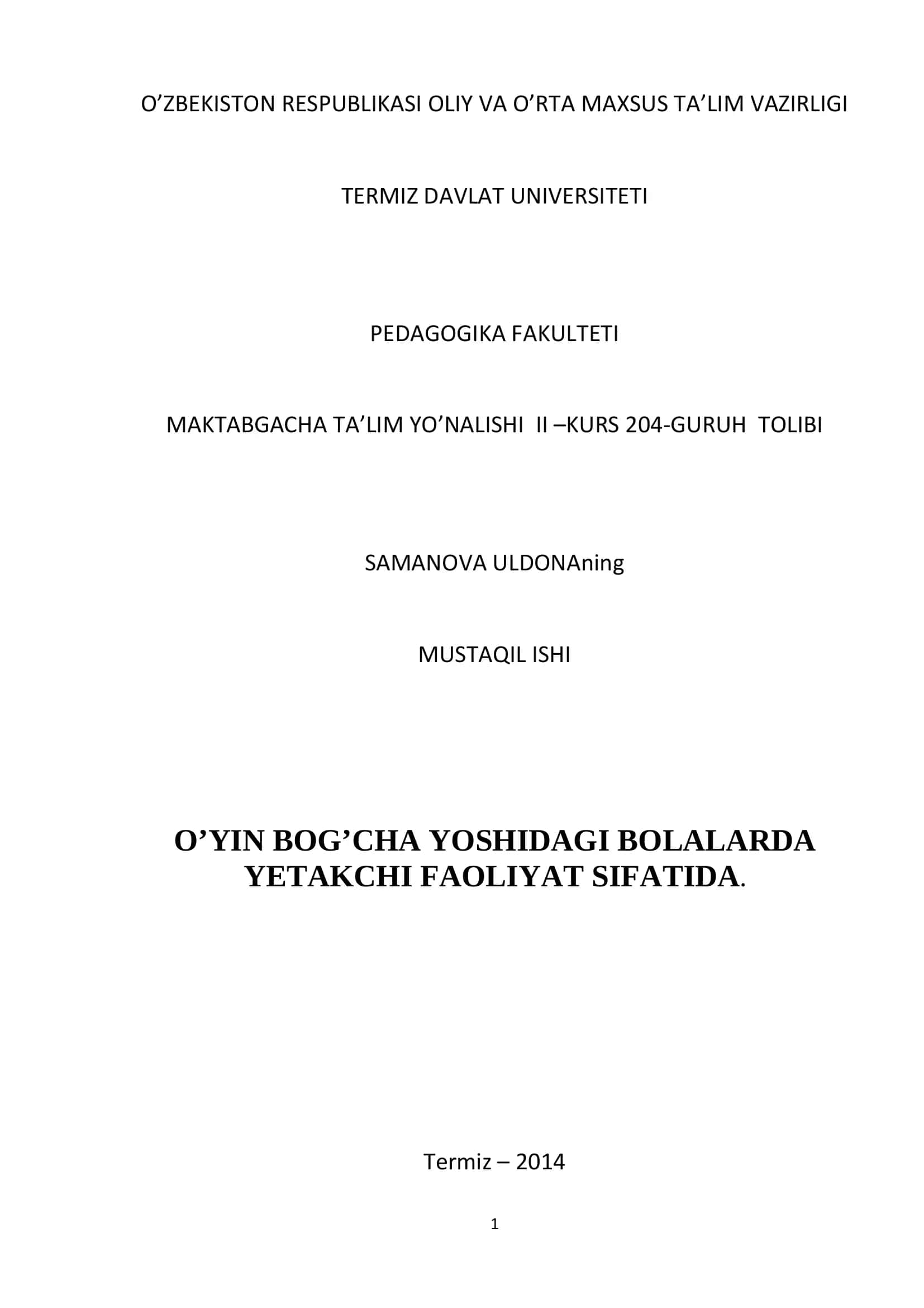 O’yin bog’cha yoshidagi bolalarda yetakchi faoliyat sifatida