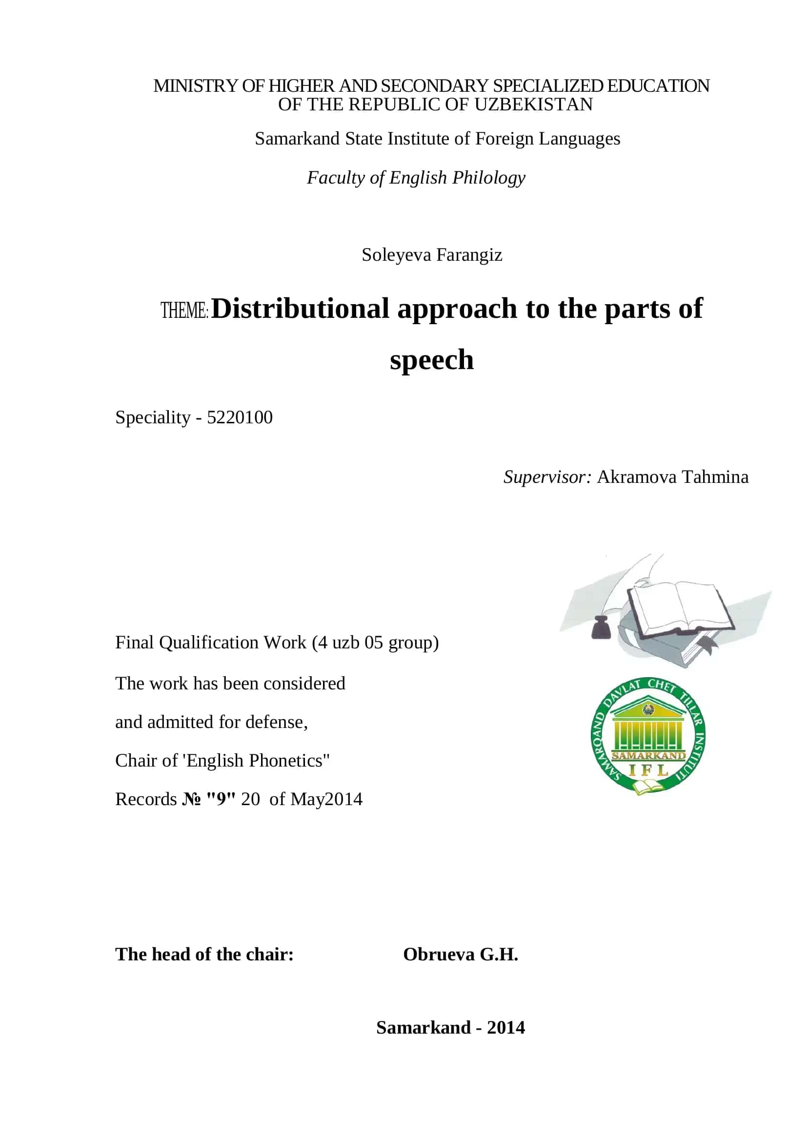 Distributional approach to the parts of speech