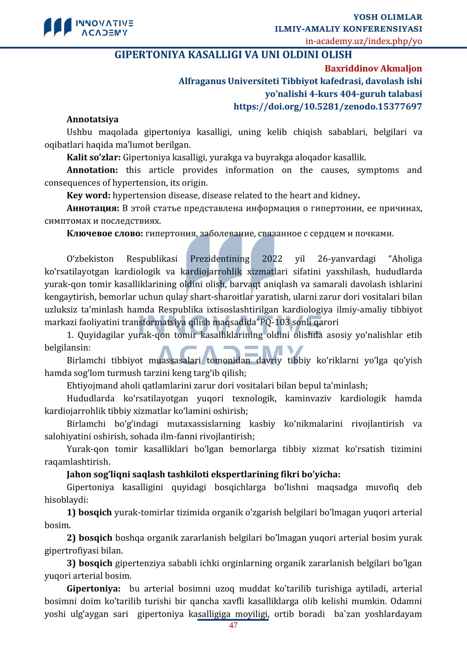 GIPERTONIYA KASALLIGI VA UNI OLDINI OLISH