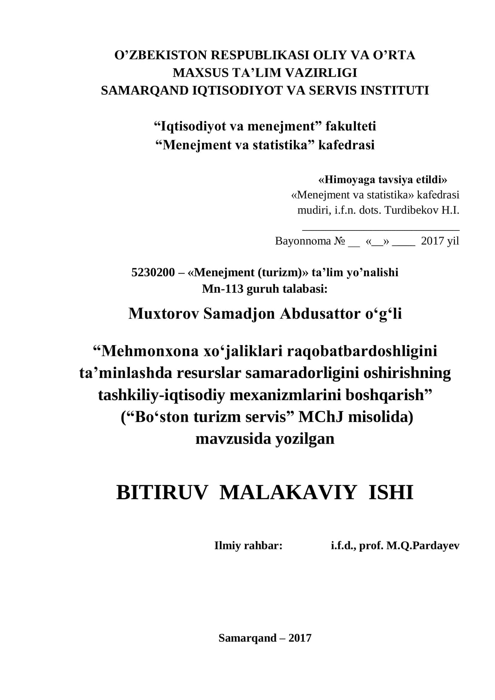«Bo‘ston turizm servis» MChJ misolida