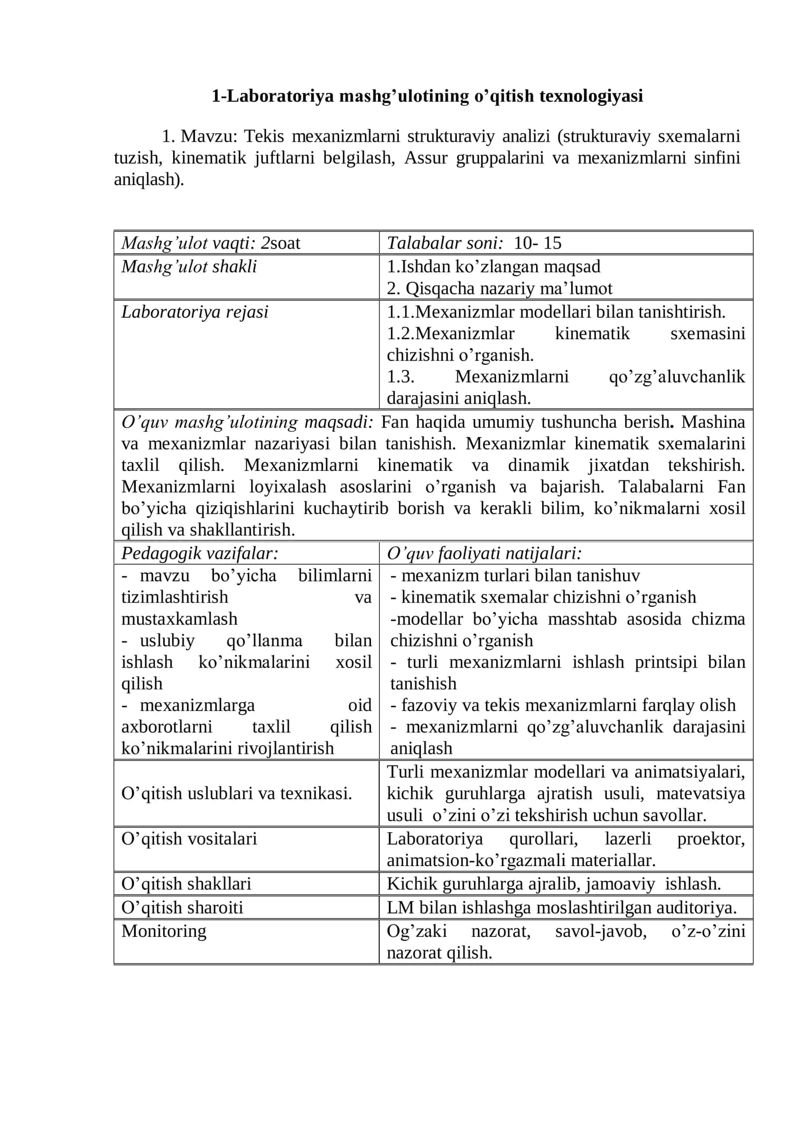 Tekis mexanizmlarni strukturaviy analizi