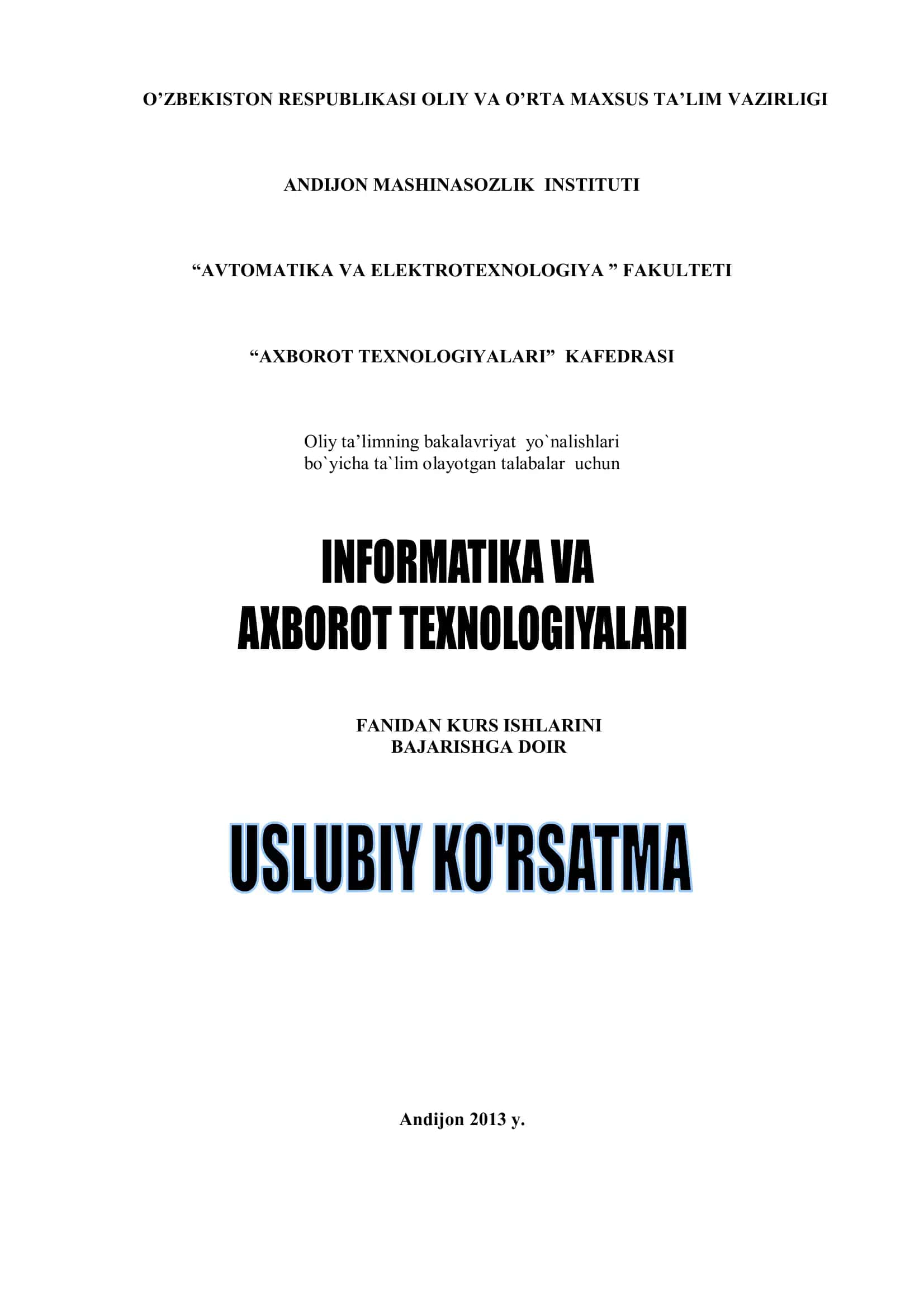 Kurs ishlari "Informatika va Axborot Texnologiyalari"