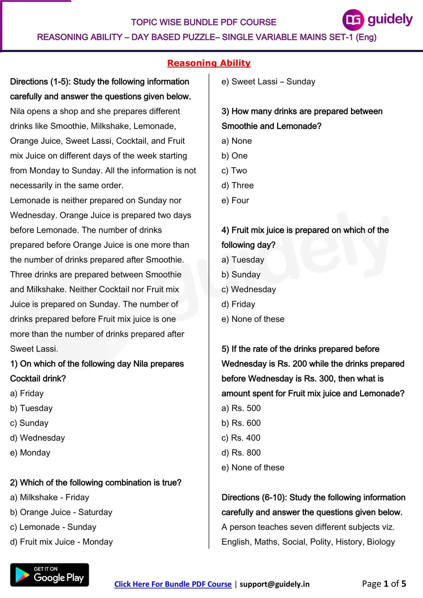 REASONING ABILITY – DAY BASED PUZZLE– SINGLE VARIABLE MAINS SET-1 (Eng)