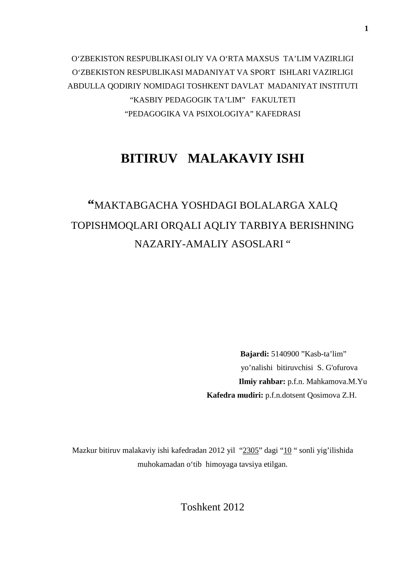 Maktabgacha yoshdagi bolalarga xalq topishmoqlari orqali aqliy tarbiya berishning nazariy-amaliy asoslari