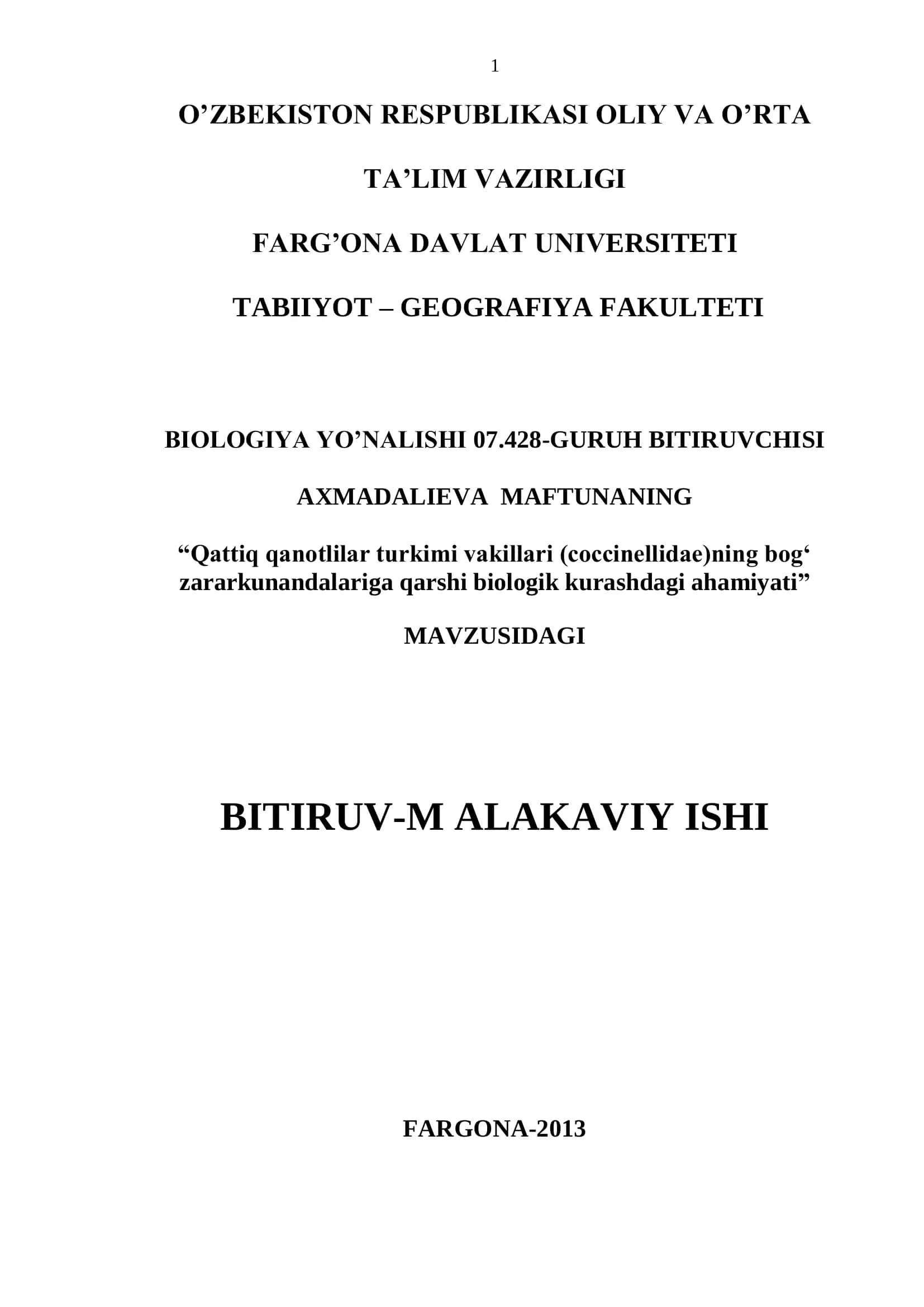 Qattiq qanotlilar turkimi vakillari (coccinellidae)ning bog‘ zararkunandalariga qarshi biologik kurashdagi ahamiyati