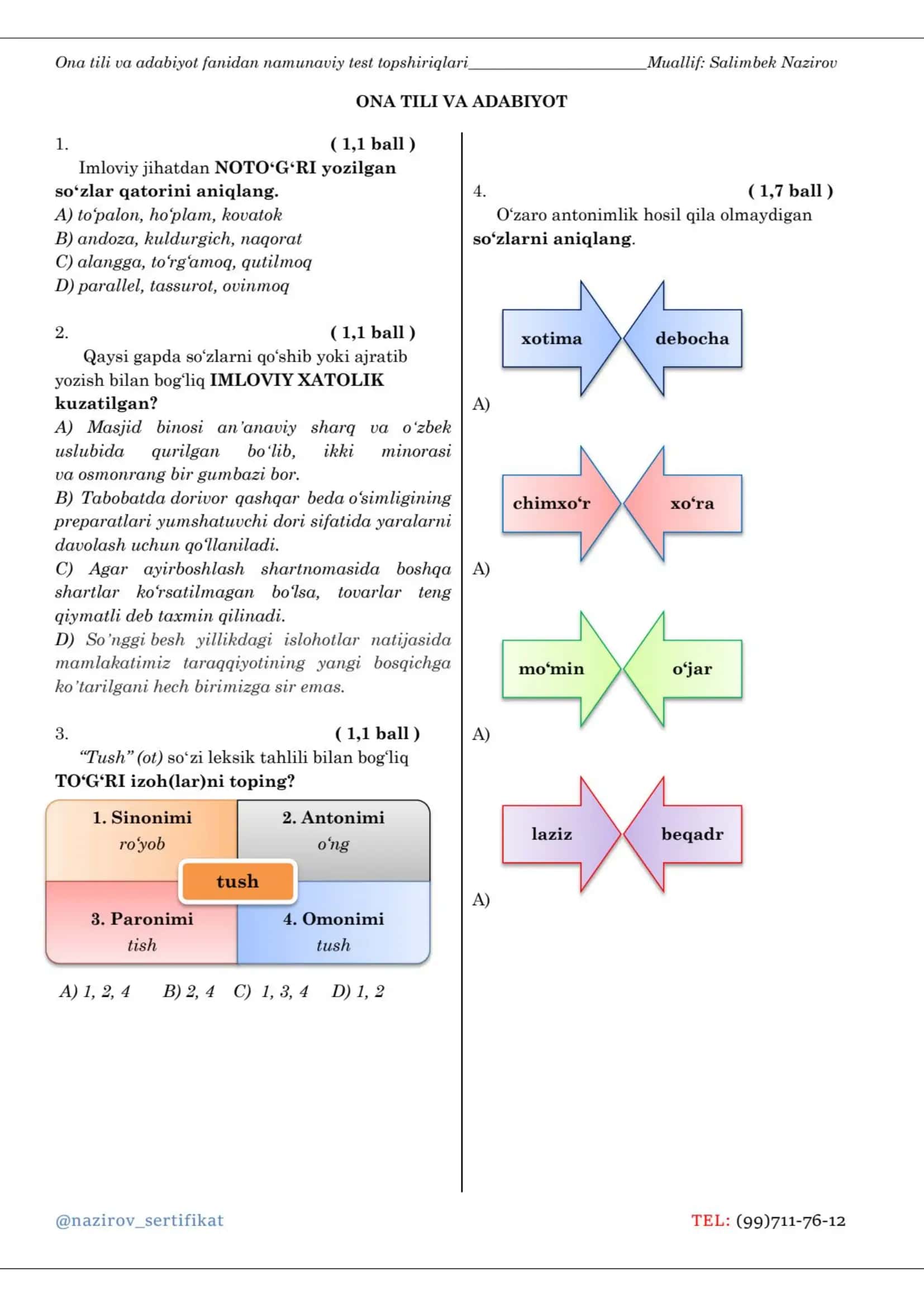 Опа tili va adabiyot fanidan na'munaviy test topshiriqlari 7