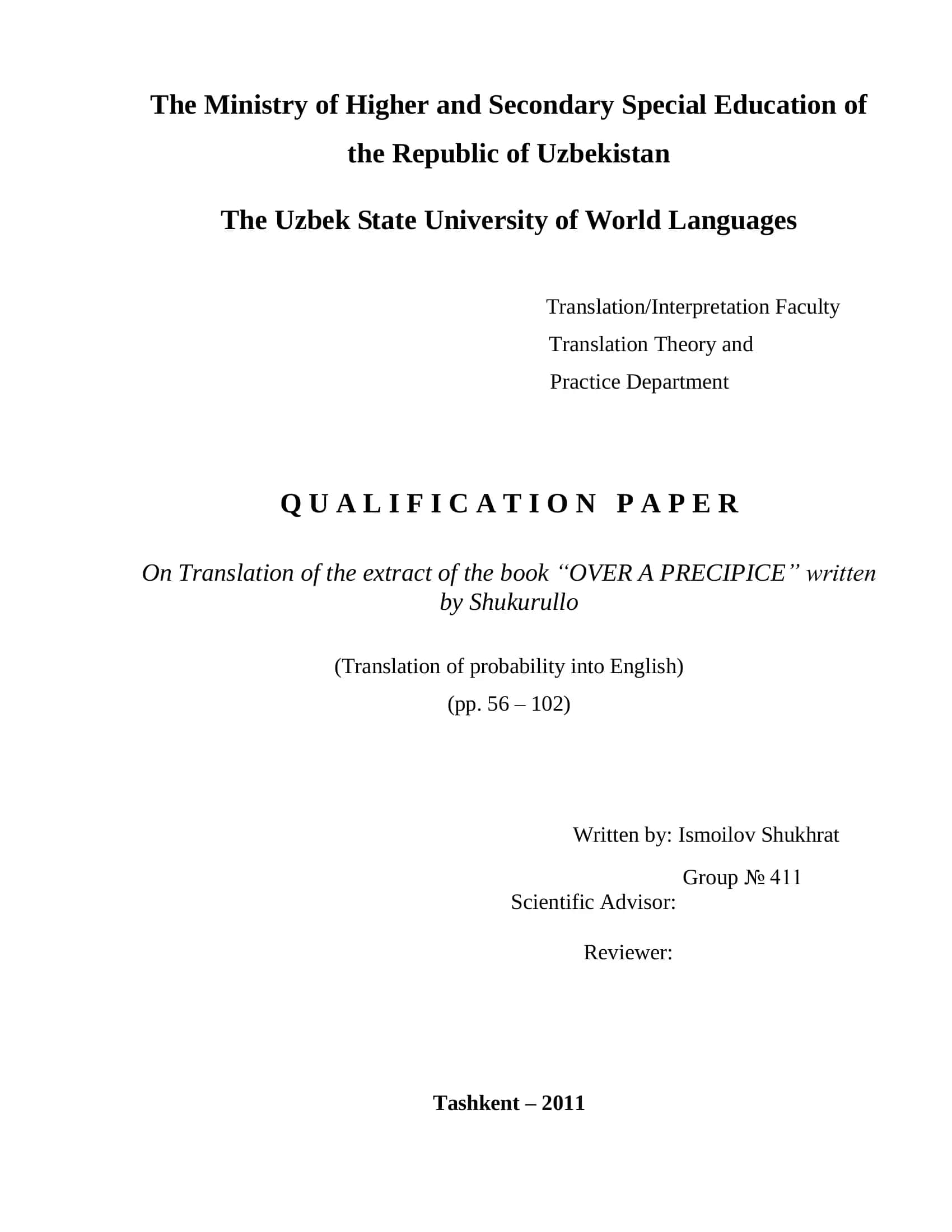 Translation of the extract of the book “OVER A PRECIPICE” by Shukurullo