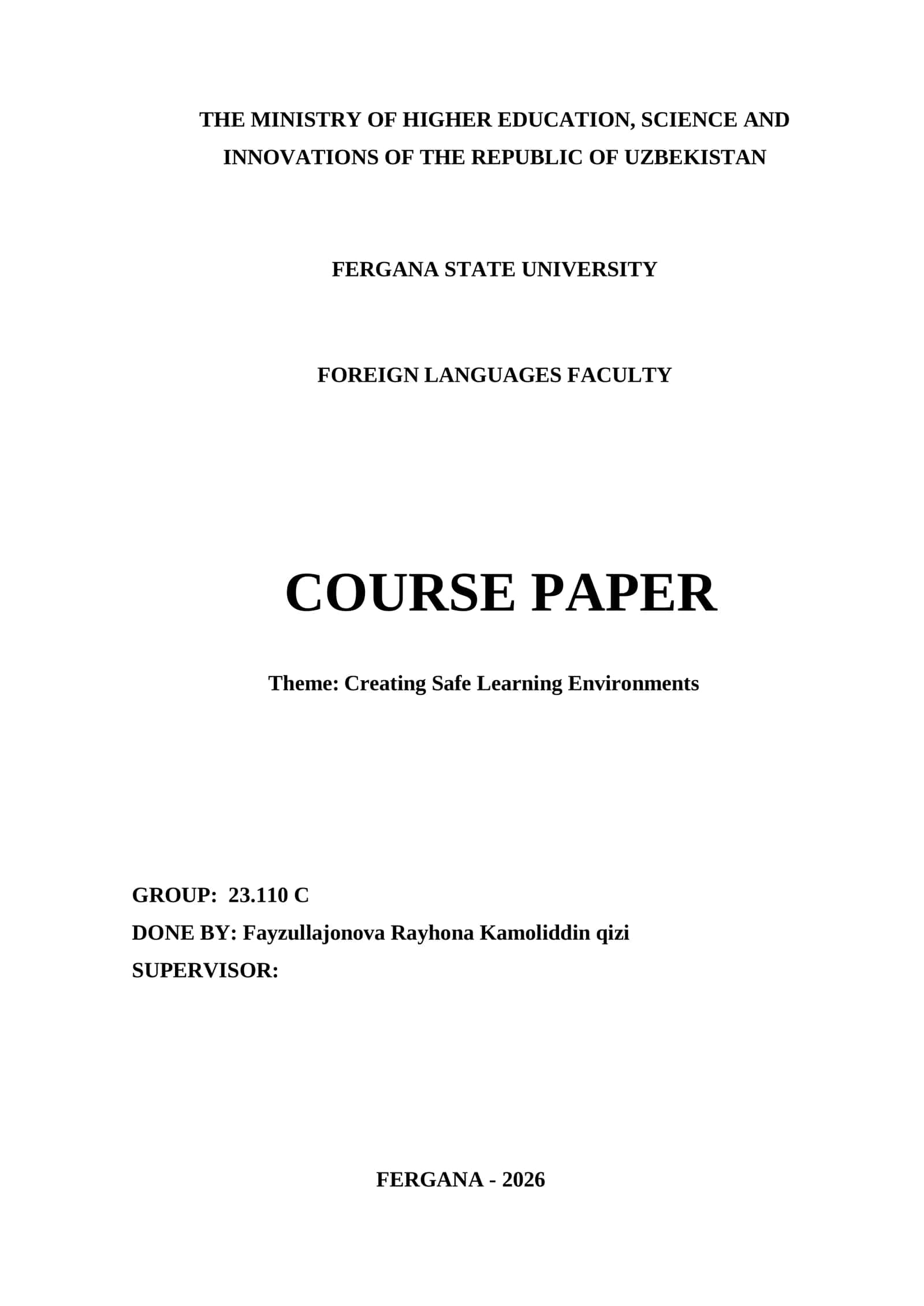 Course Paper on Creating Safe Learning Environments