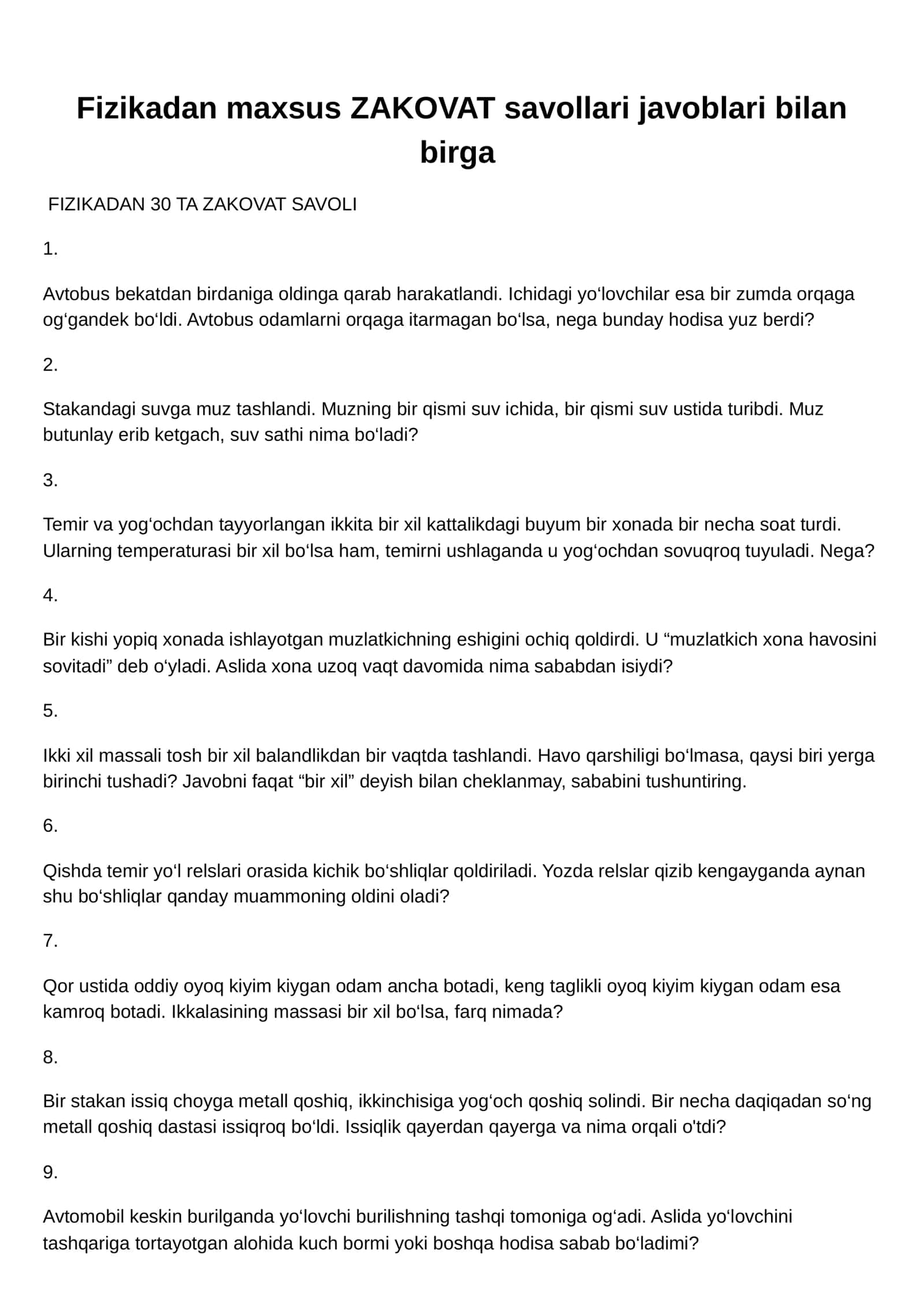 Fizikadan maxsus ZAKOVAT savollari javoblari bilan birga