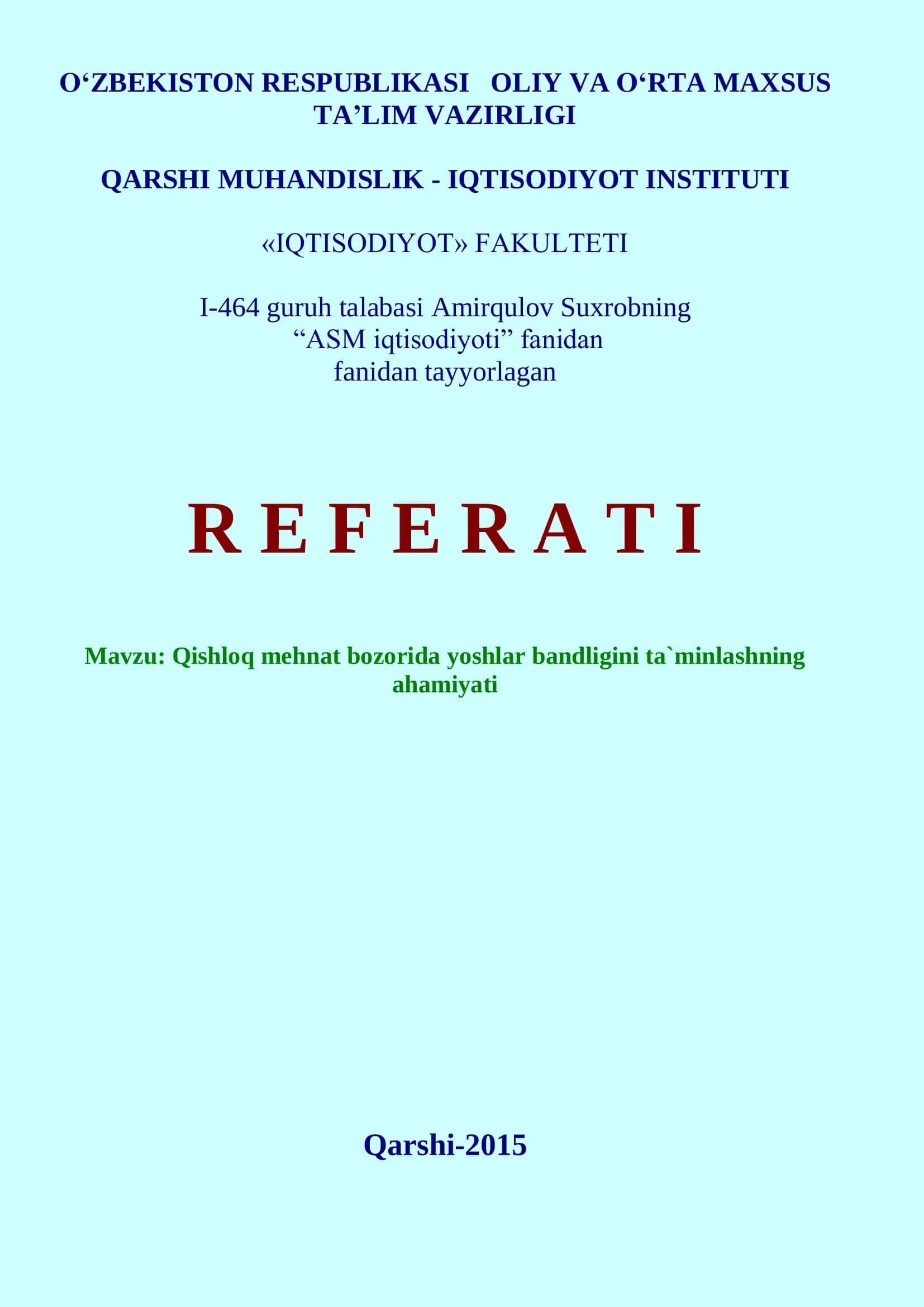 Qishloq mehnat bozorida yoshlar bandligini ta`minlashning ahamiyati