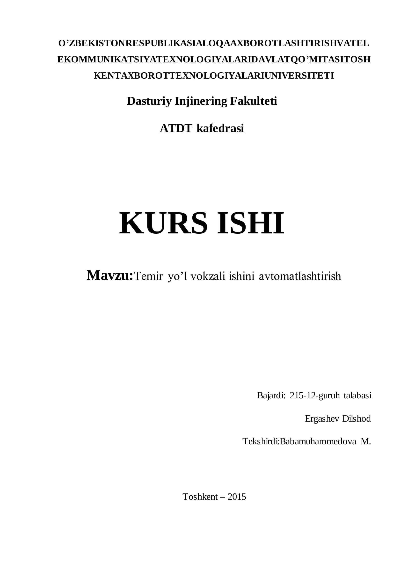 Temir yo‘l vokzali ishini avtomatlashtirish