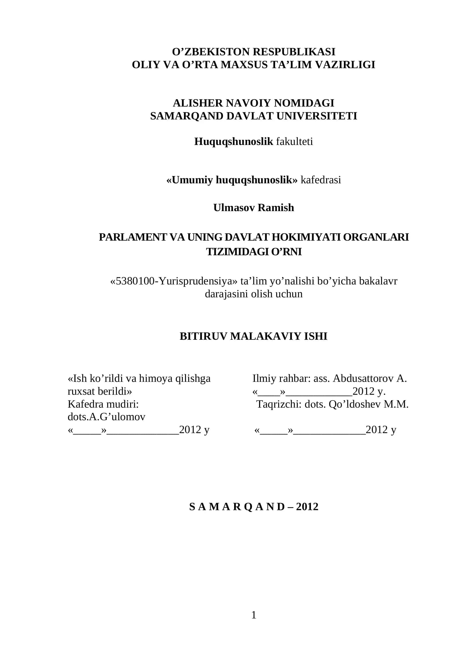 Ulmasov Ramish - BITIRUV MALAKAVIY ISHI