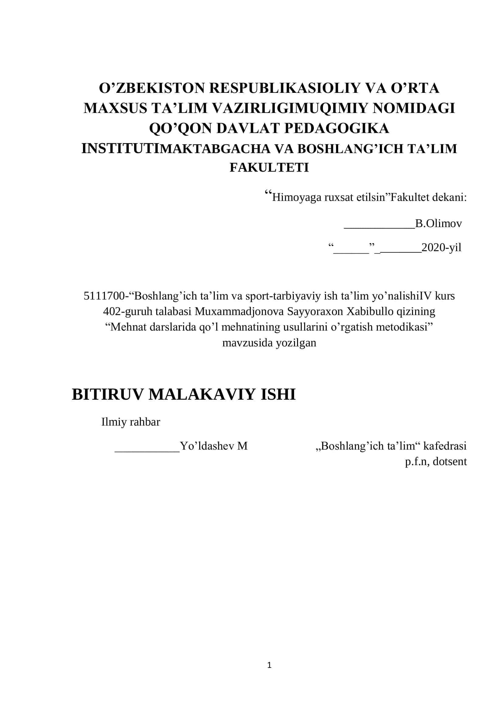“Mehnat darslarida qo’l mehnatining usullarini o’rgatish metodikasi"
