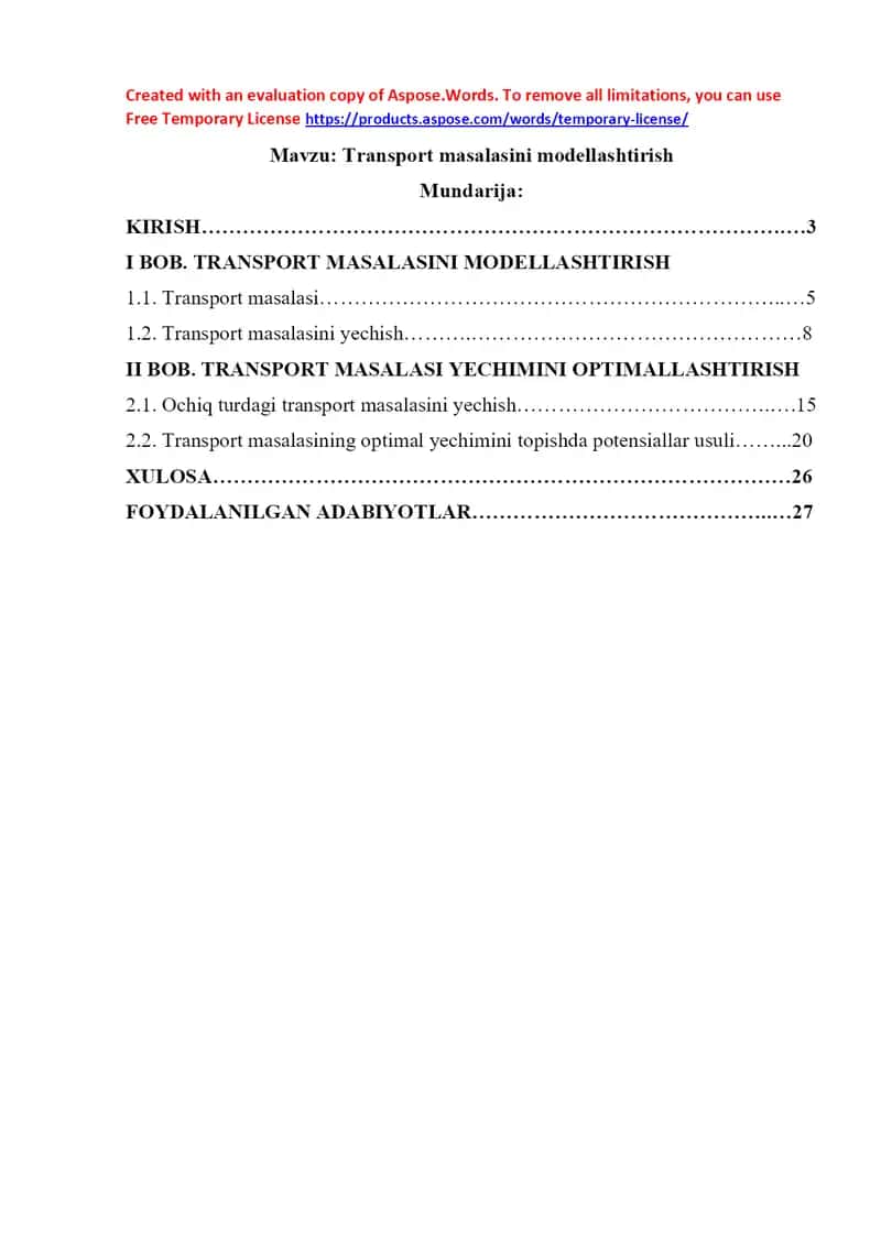 Transport masalasini modellashtirish