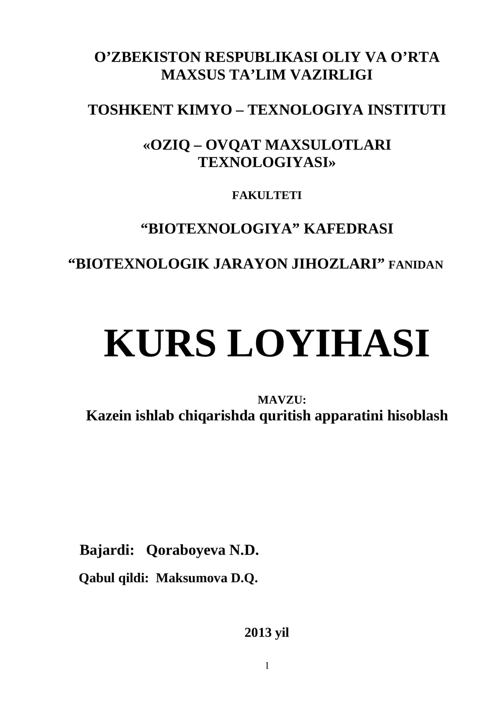 Kazein ishlab chiqarishda quritish apparatini hisoblash