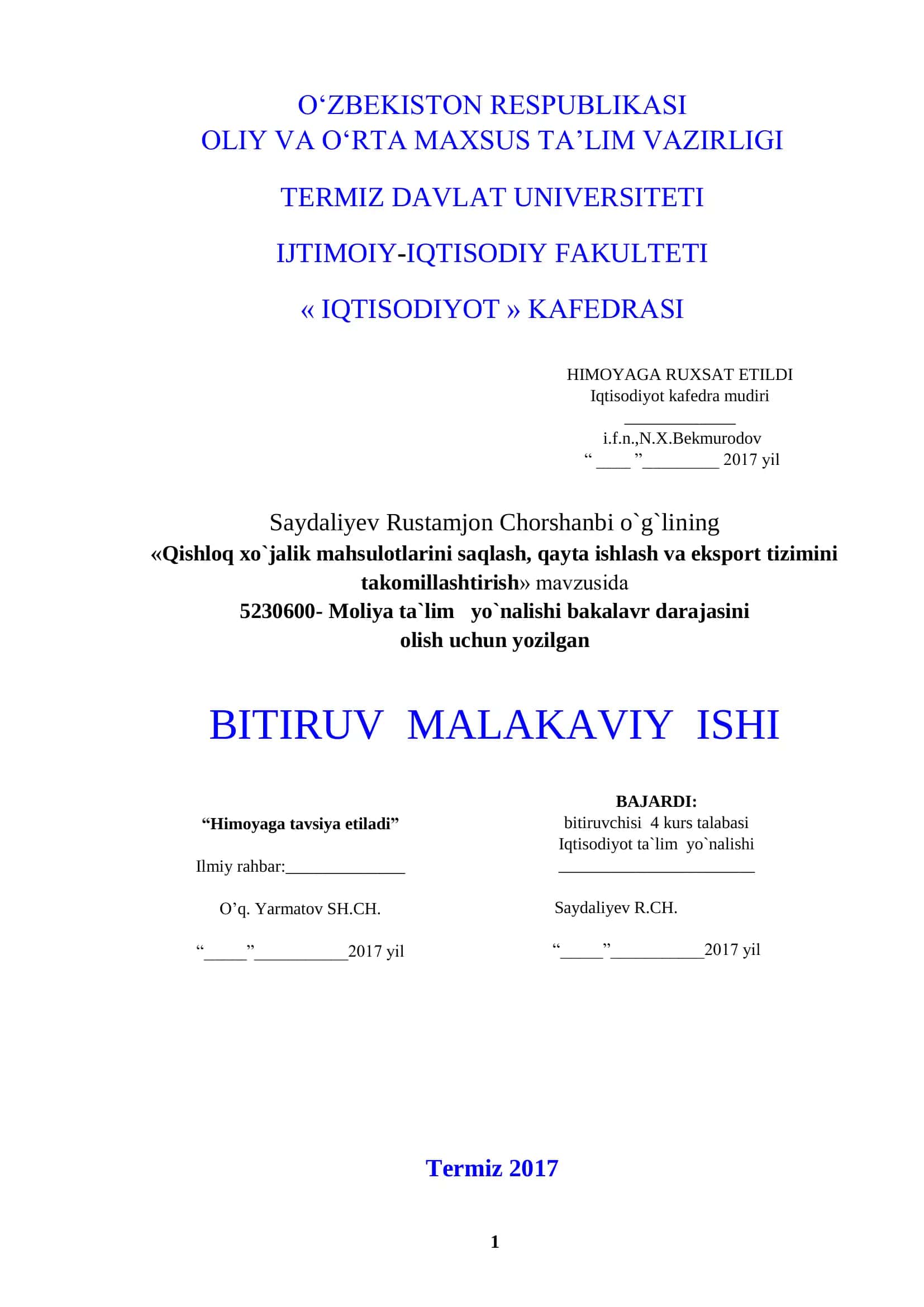 "Qishloq xo`jalik mahsulotlarini saqlash, qayta ishlash va eksport tizimini takomillashtirish" mavzusida BITIRUV MALAKAVIY ISHI