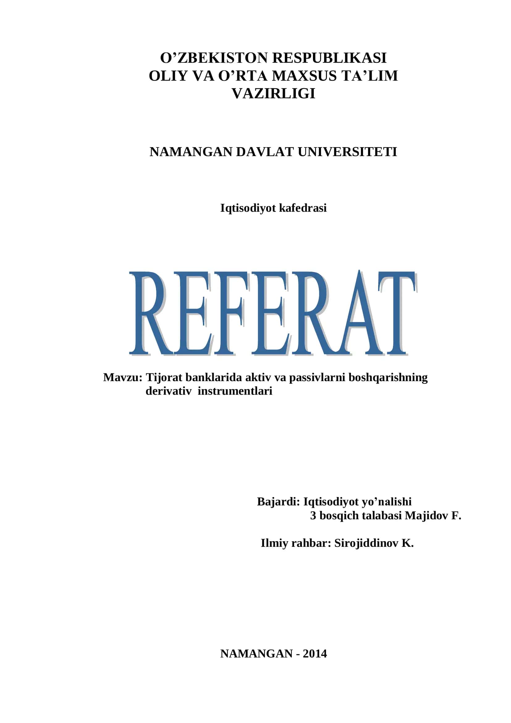 Tijorat banklarida aktiv va passivlarni boshqarishning derivativ instrumentlari