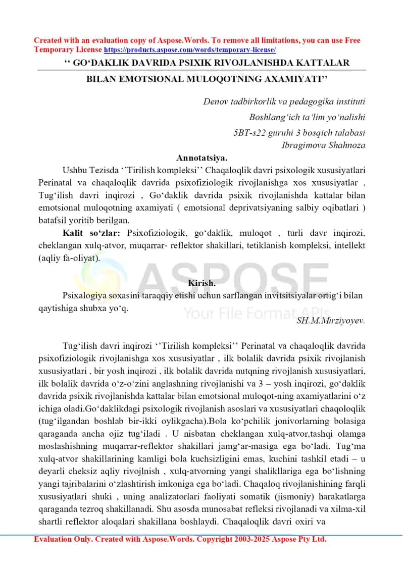 Go‘daklik davrida psixik rivojlanishda kattalar bilan emotsional muloqotning ahamiyati
