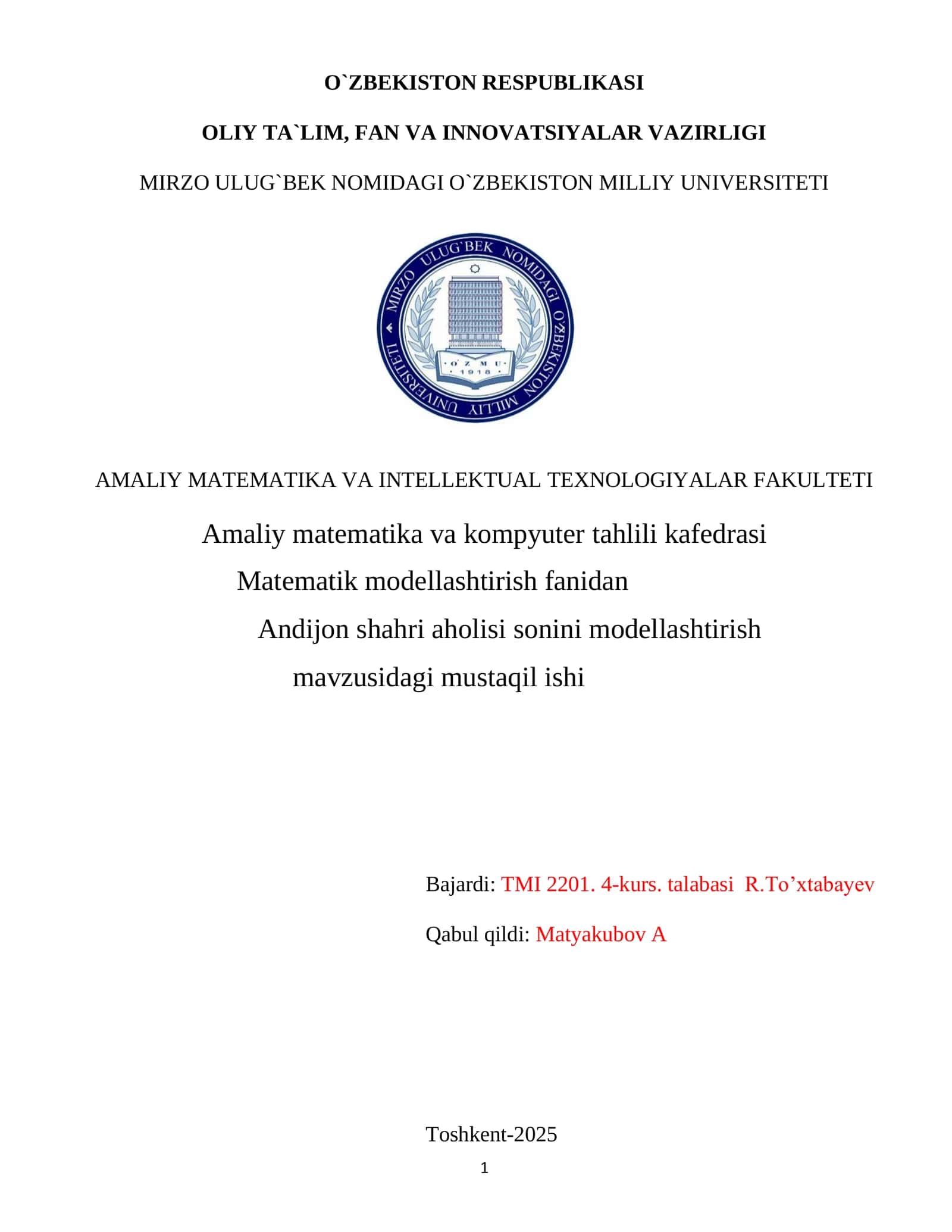 Andijon shahri aholisi sonini modellashtirish
