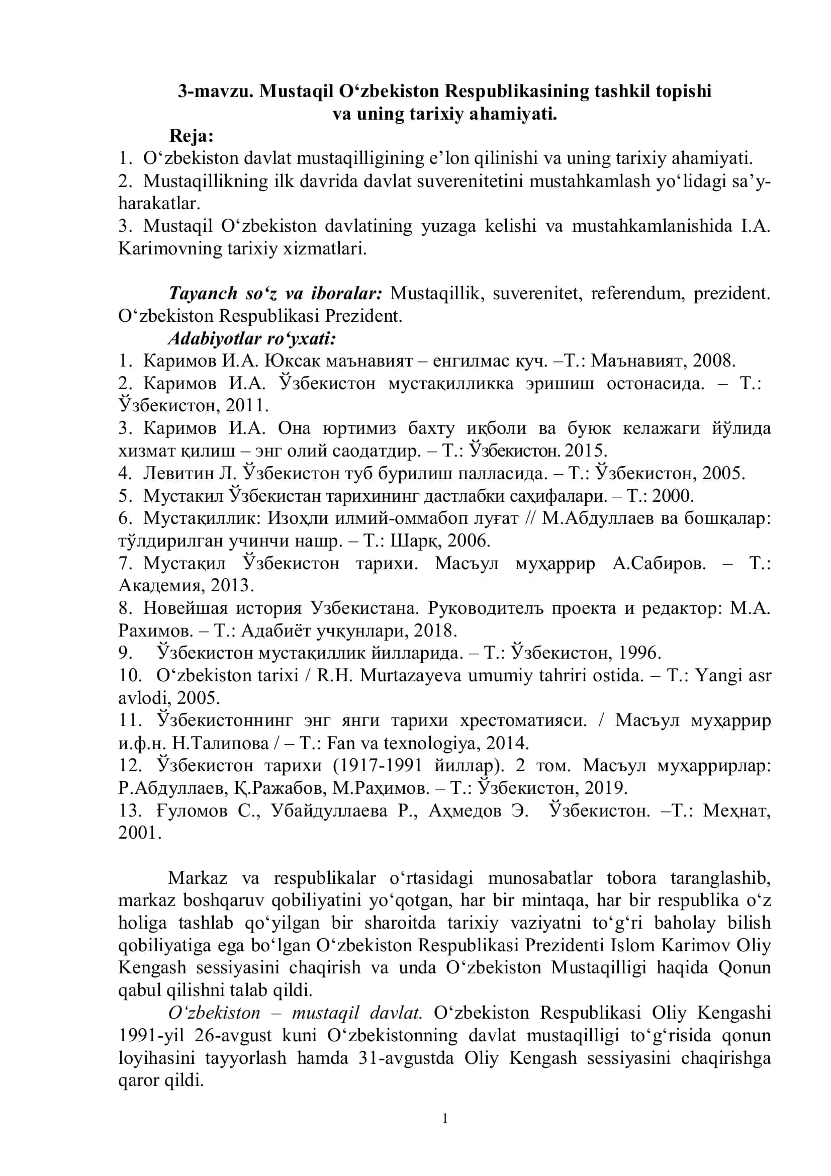 Mustaqil O‘zbеkiston Rеspublikasining tashkil topishi va uning tarixiy ahamiyati