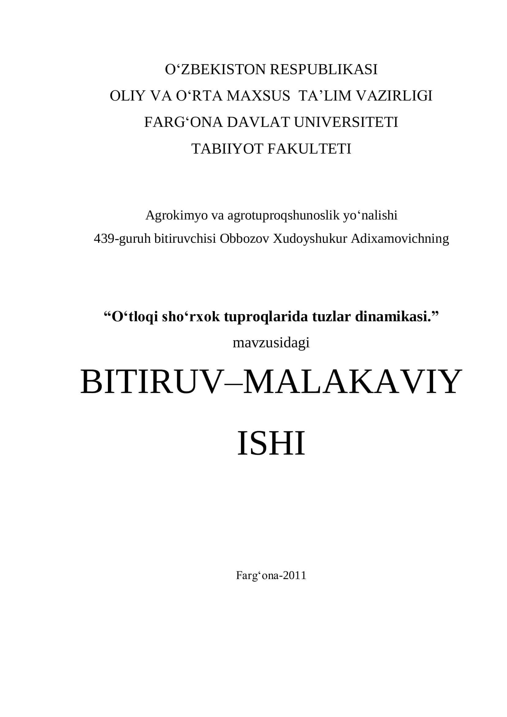 O‘tloqi sho‘rxok tuproqlarida tuzlar dinamikasi