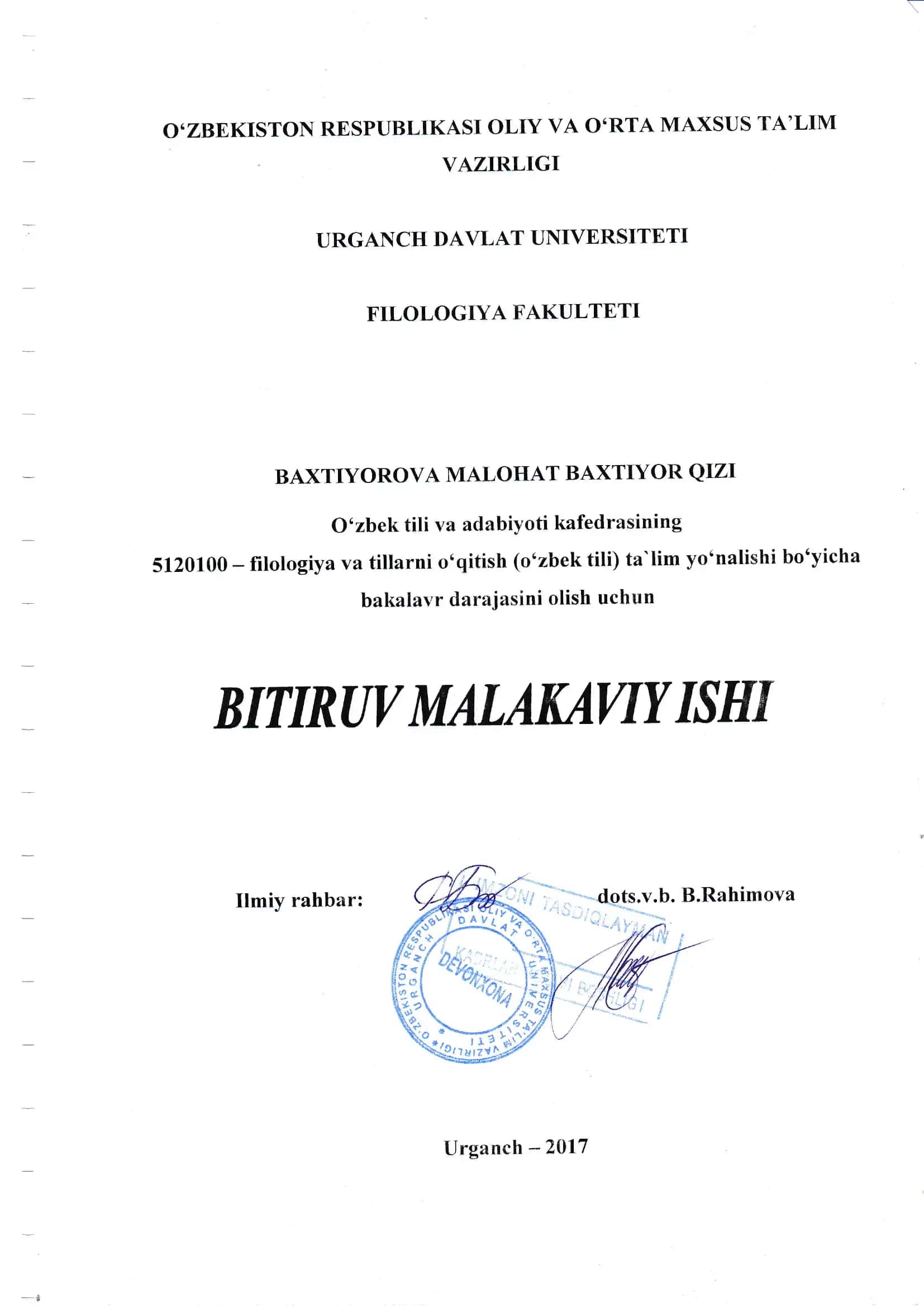 BAJARUV MALAKAVIY ISHNI KU'YICHA TOPSHIRIQLAR REJASI