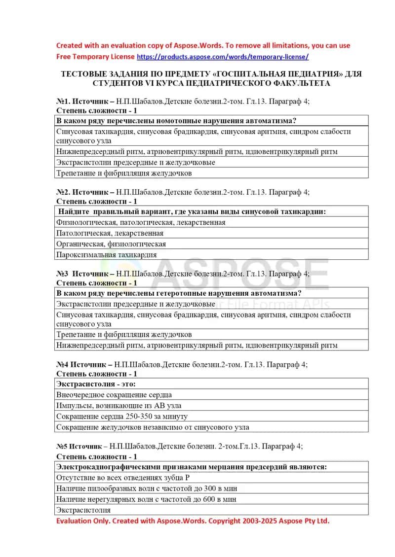 Тестовые задания по предмету «Госпитальная педиатрия» для студентов VI курса педиатрического факультета